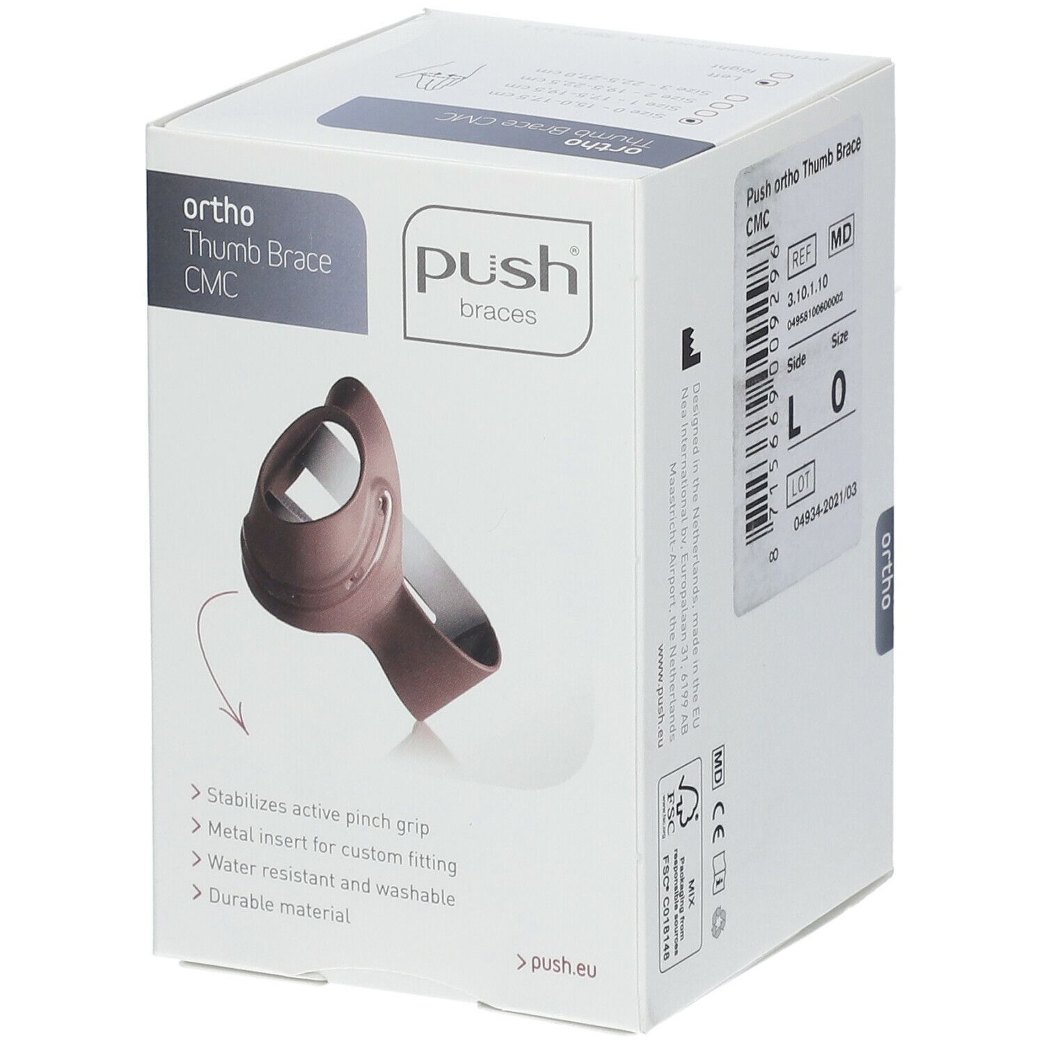 Verpakking van de Push Ortho Duimbrace CMC. Opschrift: ortho, Thumb Brace CMC, Push braces. Productafbeelding en kenmerken.