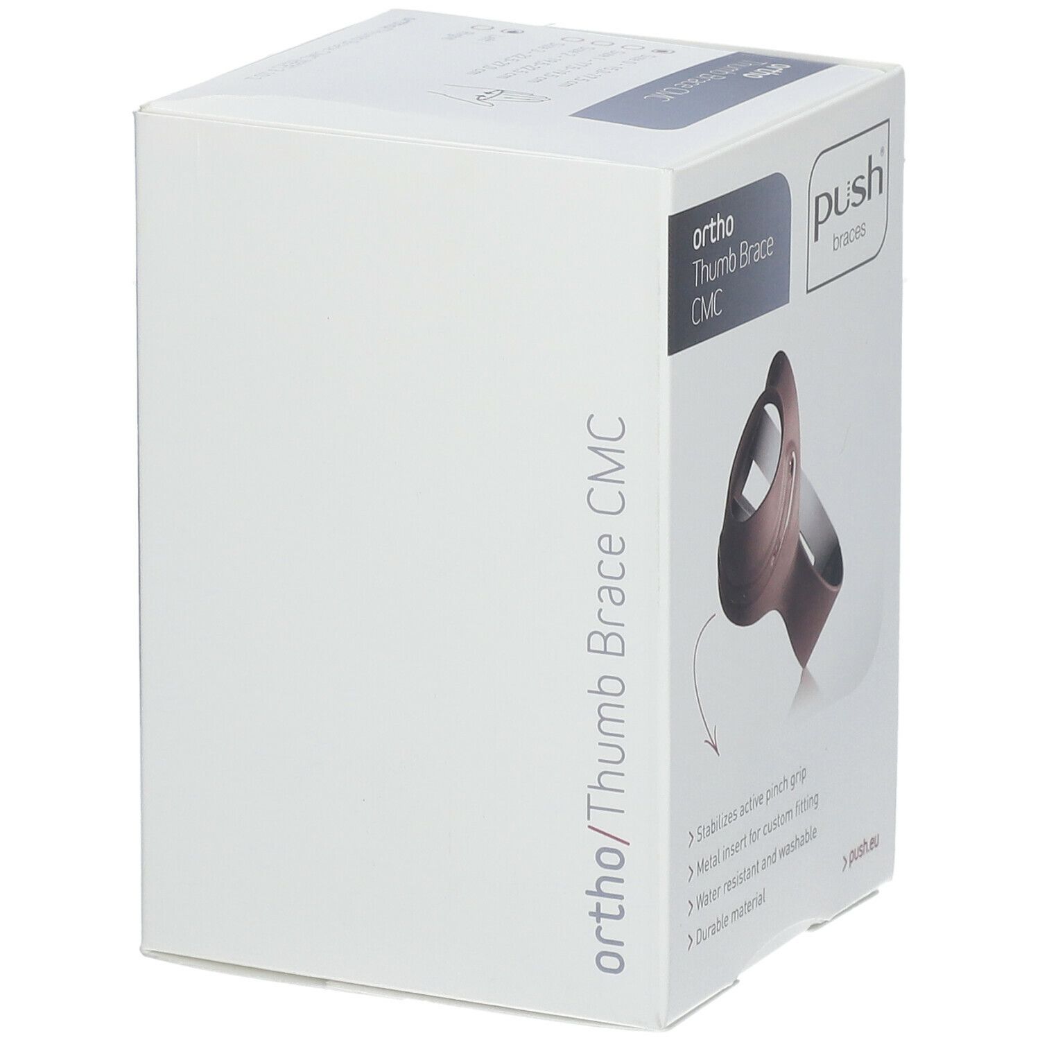 Verpakking van de Push Ortho Duimbrace CMC. Opschrift: ortho, Thumb Brace CMC, Push braces. Productafbeelding en kenmerken.