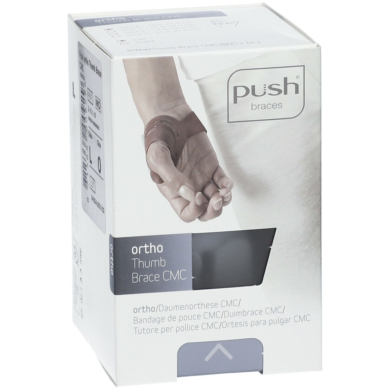 Verpakking van de Push Ortho Duimbrace CMC. Opschrift: ortho, Thumb Brace CMC, Push braces. Afbeelding van een hand met brace.