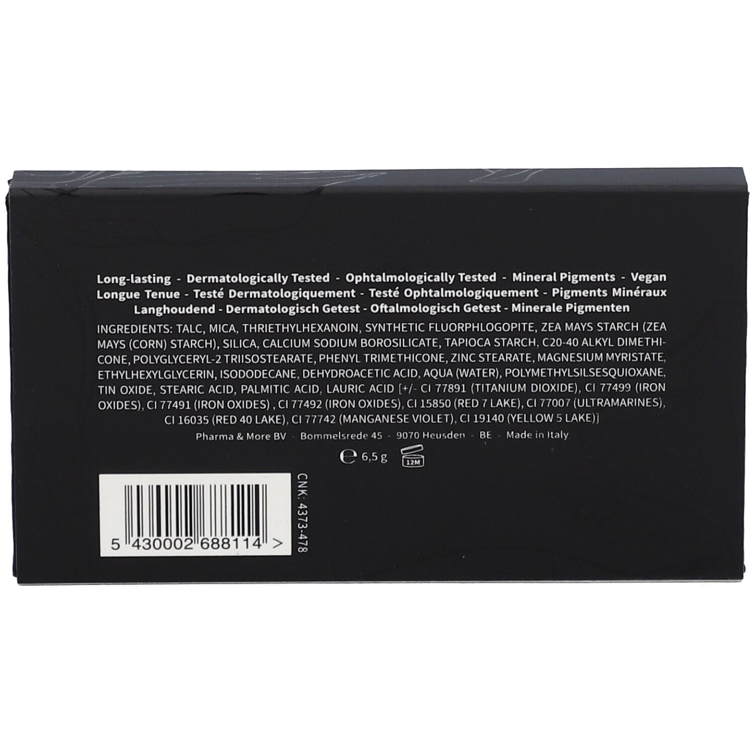Dos de l'emballage avec ingrédients, textes et code-barres. Texte : Long-lasting, Dermatologically Tested, Mineral Pigments.