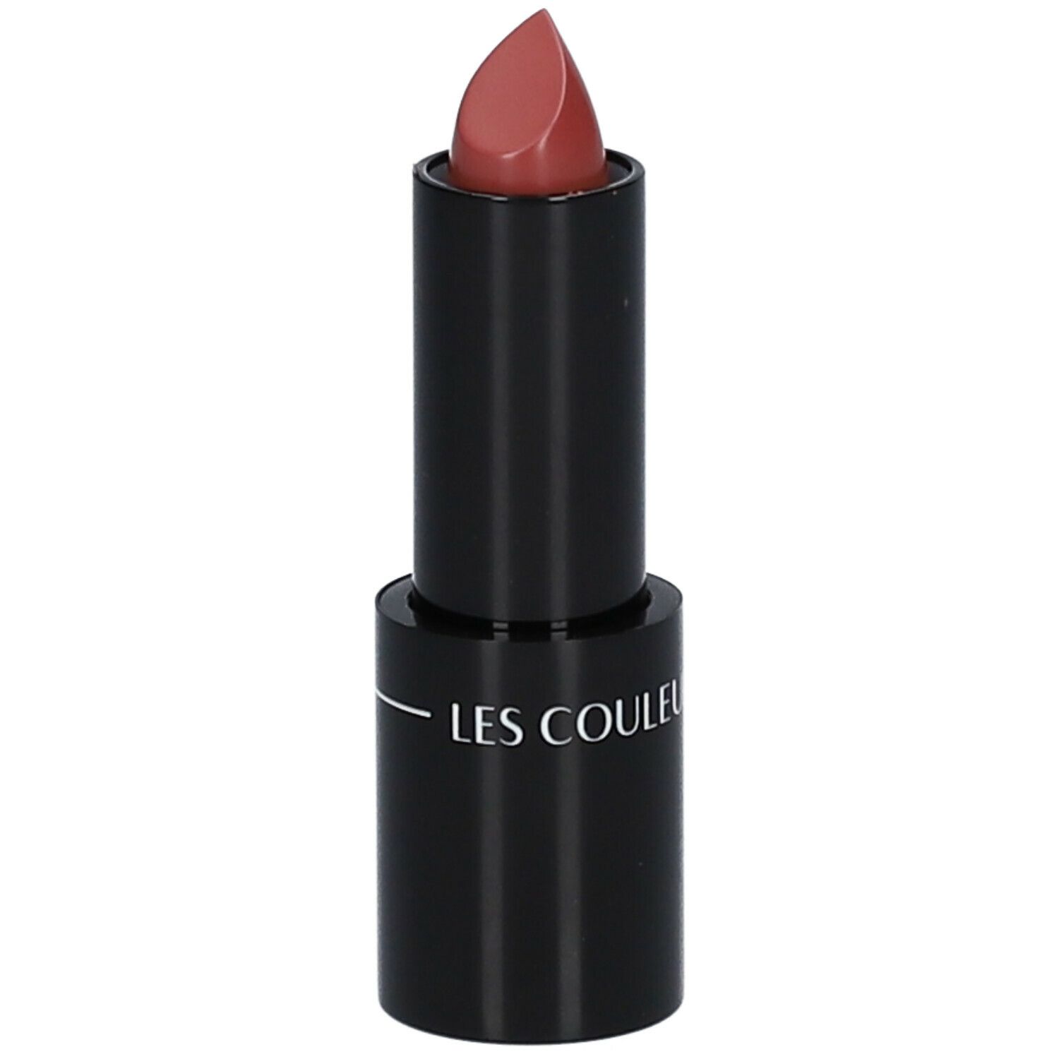 Rouge à lèvres mauve dans un étui noir. Le rouge à lèvres est sorti et incliné.