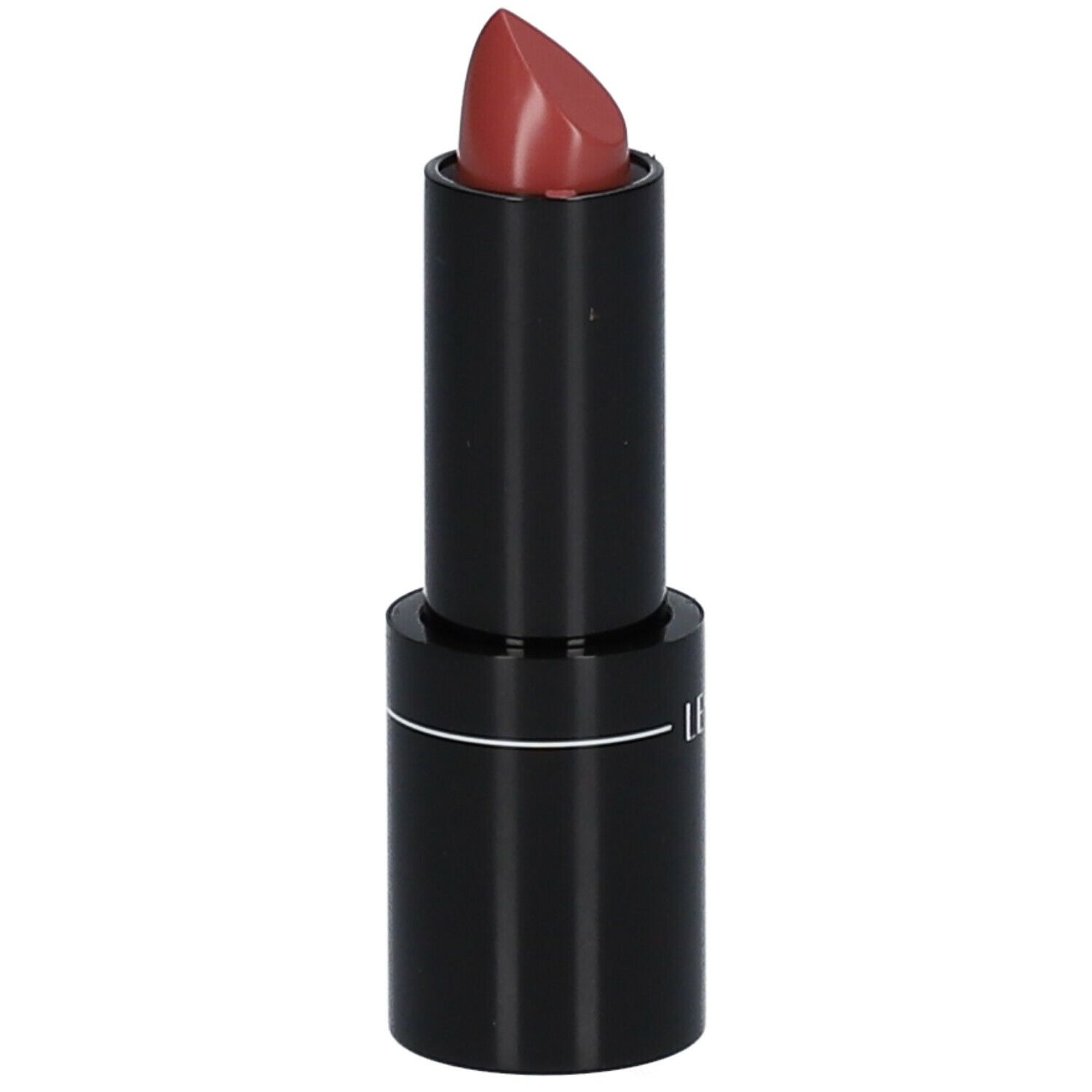 Rouge à lèvres mauve dans un étui noir. Le rouge à lèvres est sorti et incliné.