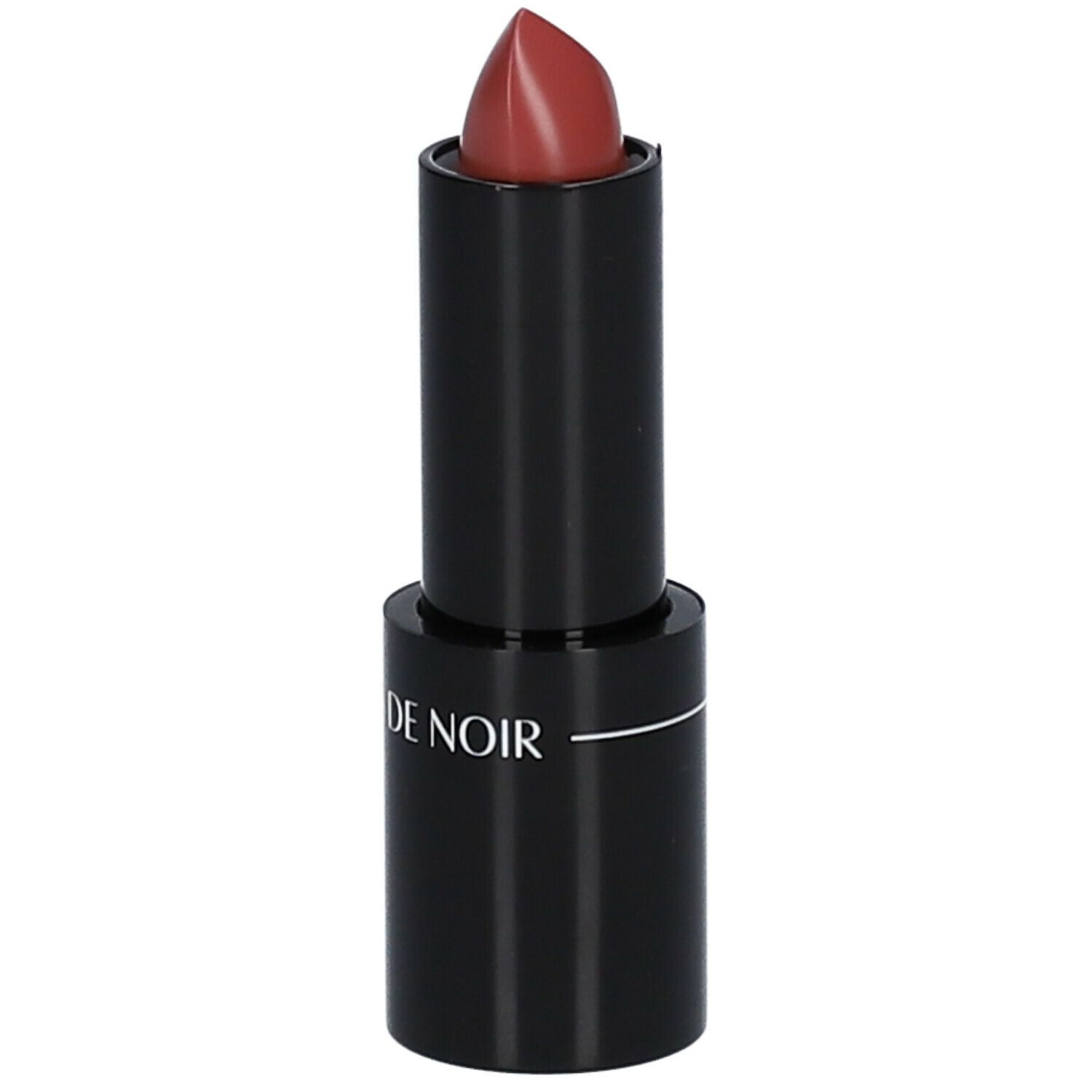 Rouge à lèvres mauve dans un étui noir. Le rouge à lèvres est sorti et incliné.