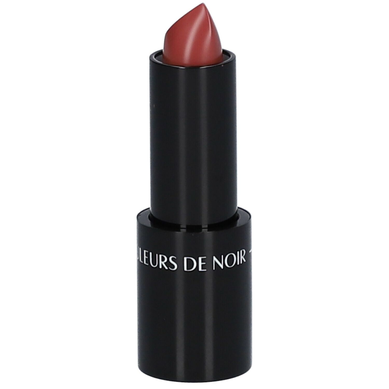 Rouge à lèvres mauve dans un étui noir. Le rouge à lèvres est sorti et incliné.