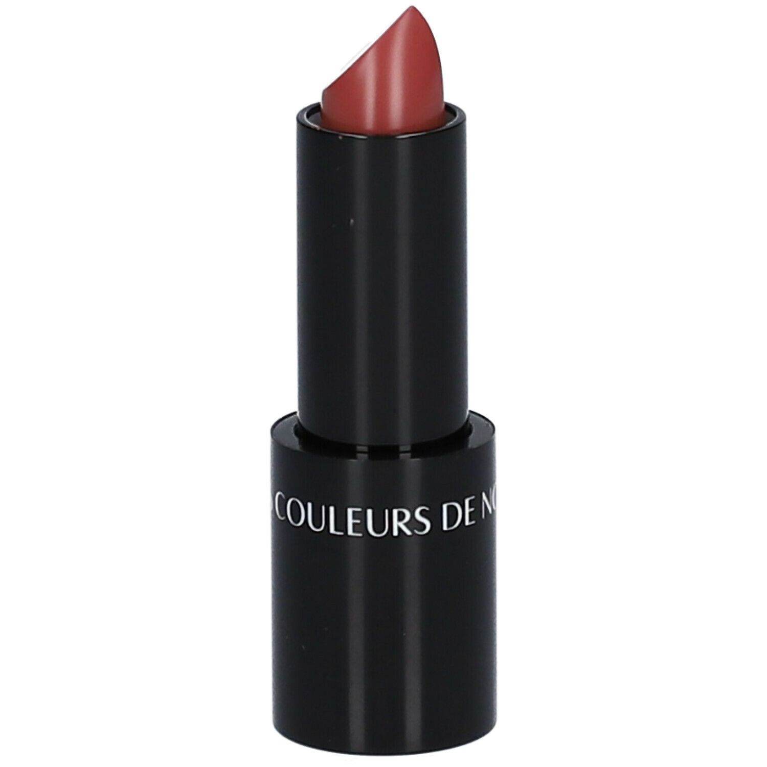 Rouge à lèvres mauve dans un étui noir. Le rouge à lèvres est sorti et incliné.