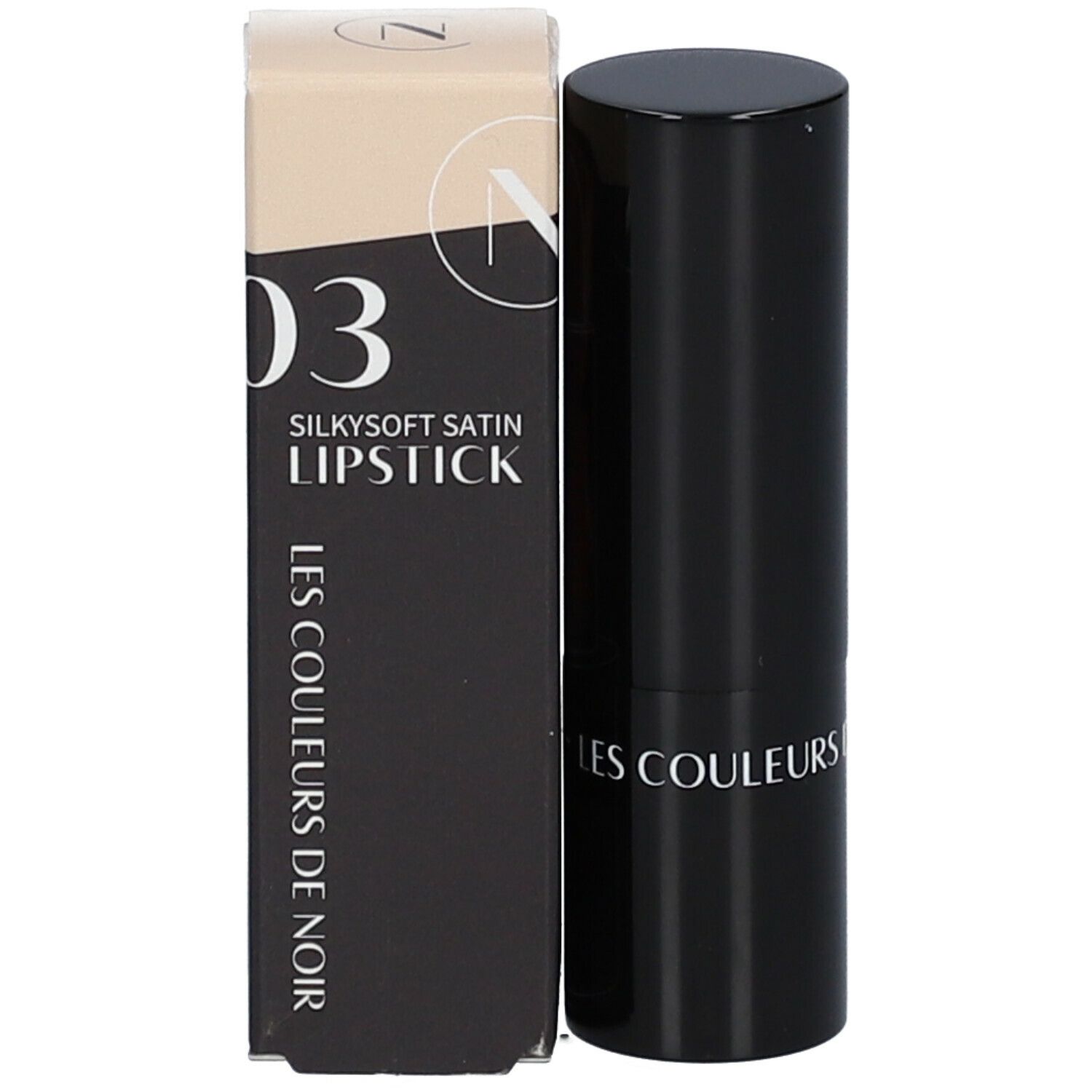 Rouge à lèvres avec étui noir et emballage. Le numéro 03 et le nom Silkysoft Satin Lipstick sont sur l'emballage.