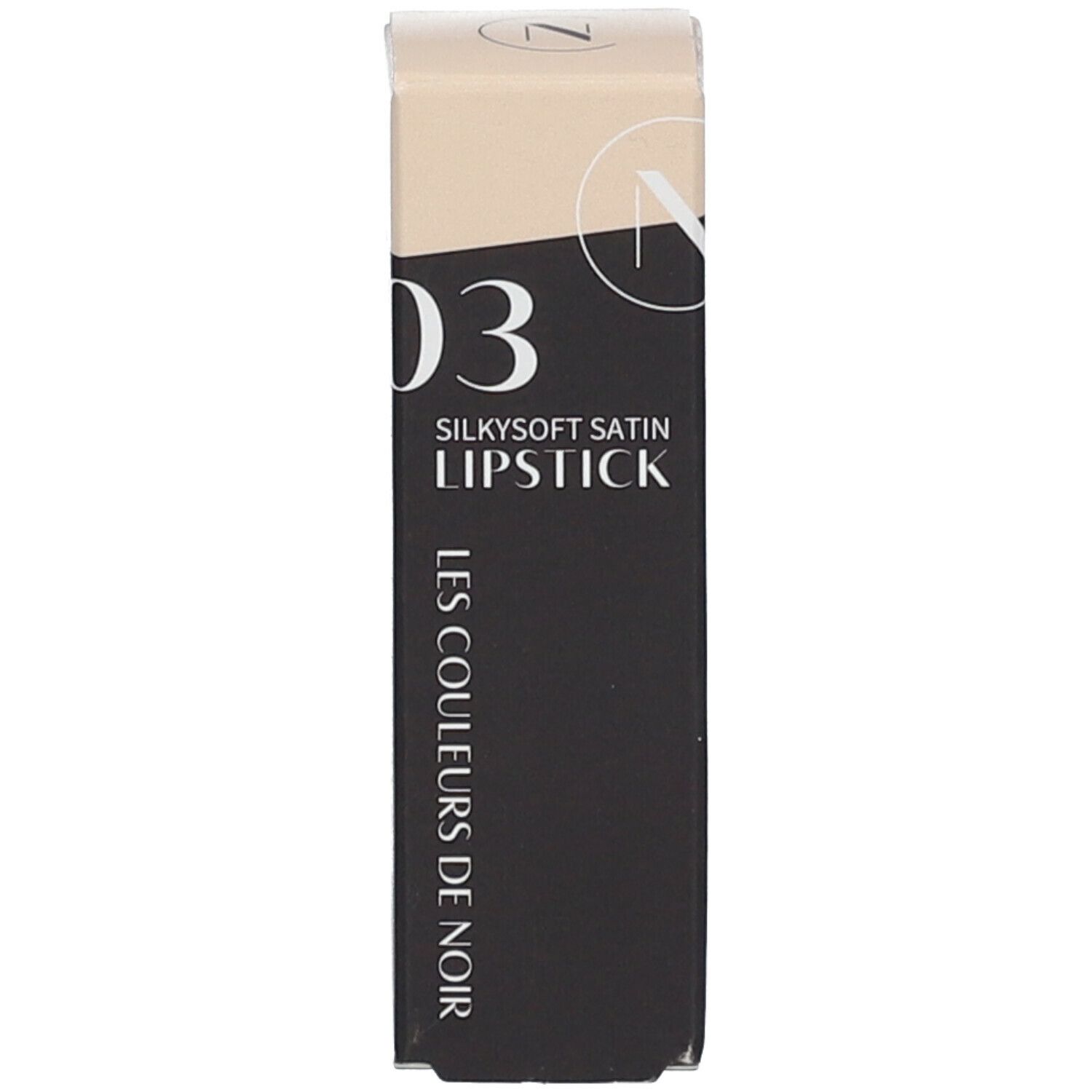 Emballage de rouge à lèvres. Le numéro 03 et le nom Silkysoft Satin Lipstick sont sur l'emballage.