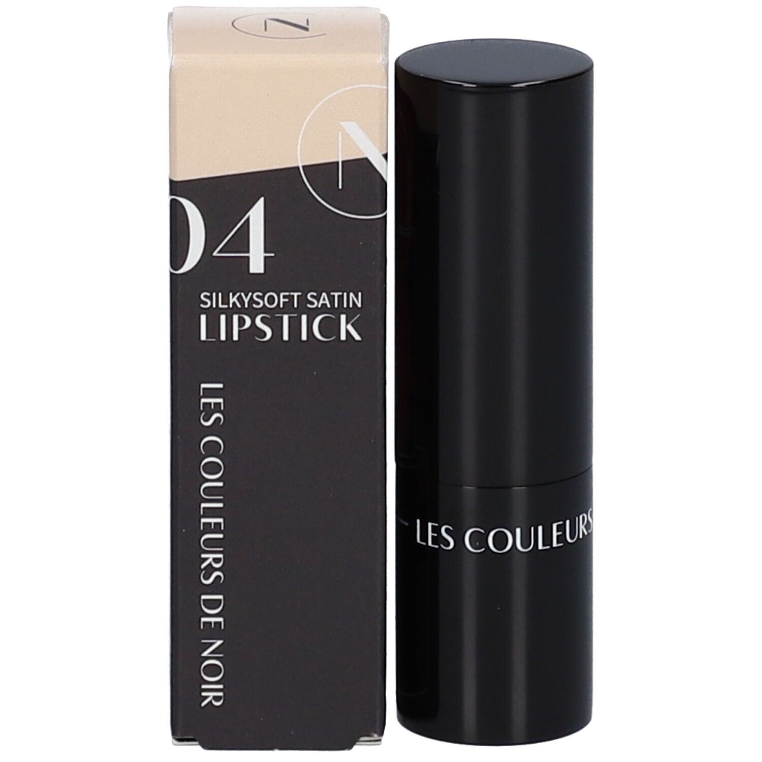 Rouge à lèvres et emballage. Emballage: beige, noir. Inscription: 04 Silkysoft Satin Lipstick.