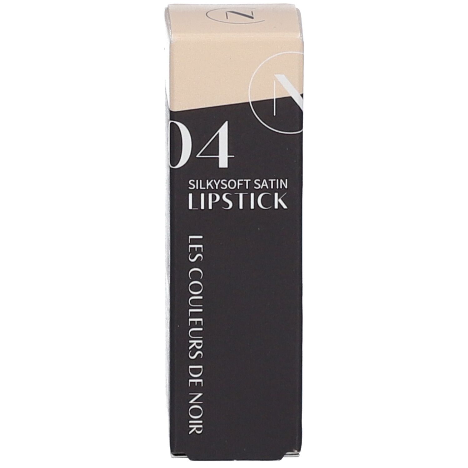 Emballage, beige et noir. Inscription: 04 Silkysoft Satin Lipstick. LES COULEURS DE NOIR.