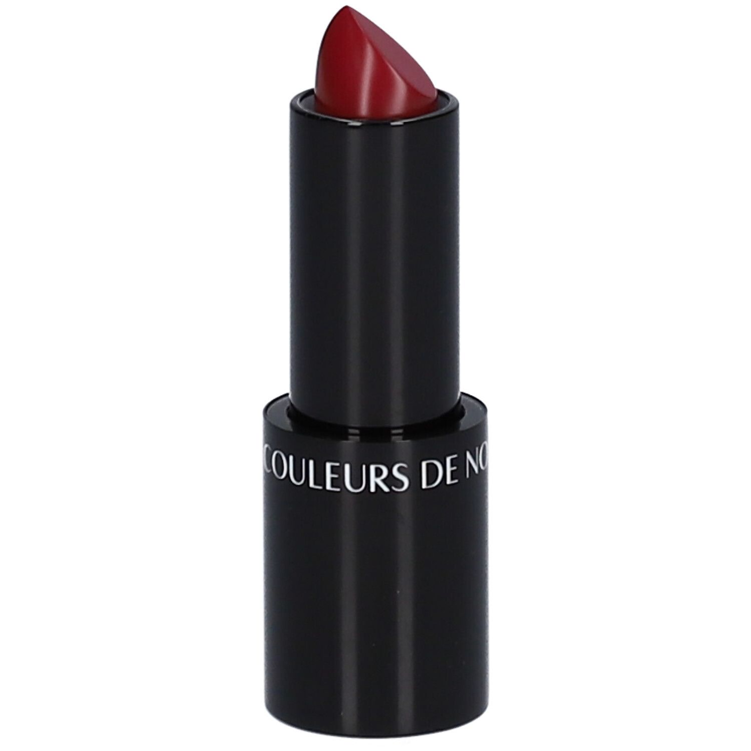 Rouge à lèvres rouge, étui noir. Inscription : LES COULEURS DE NOIR.