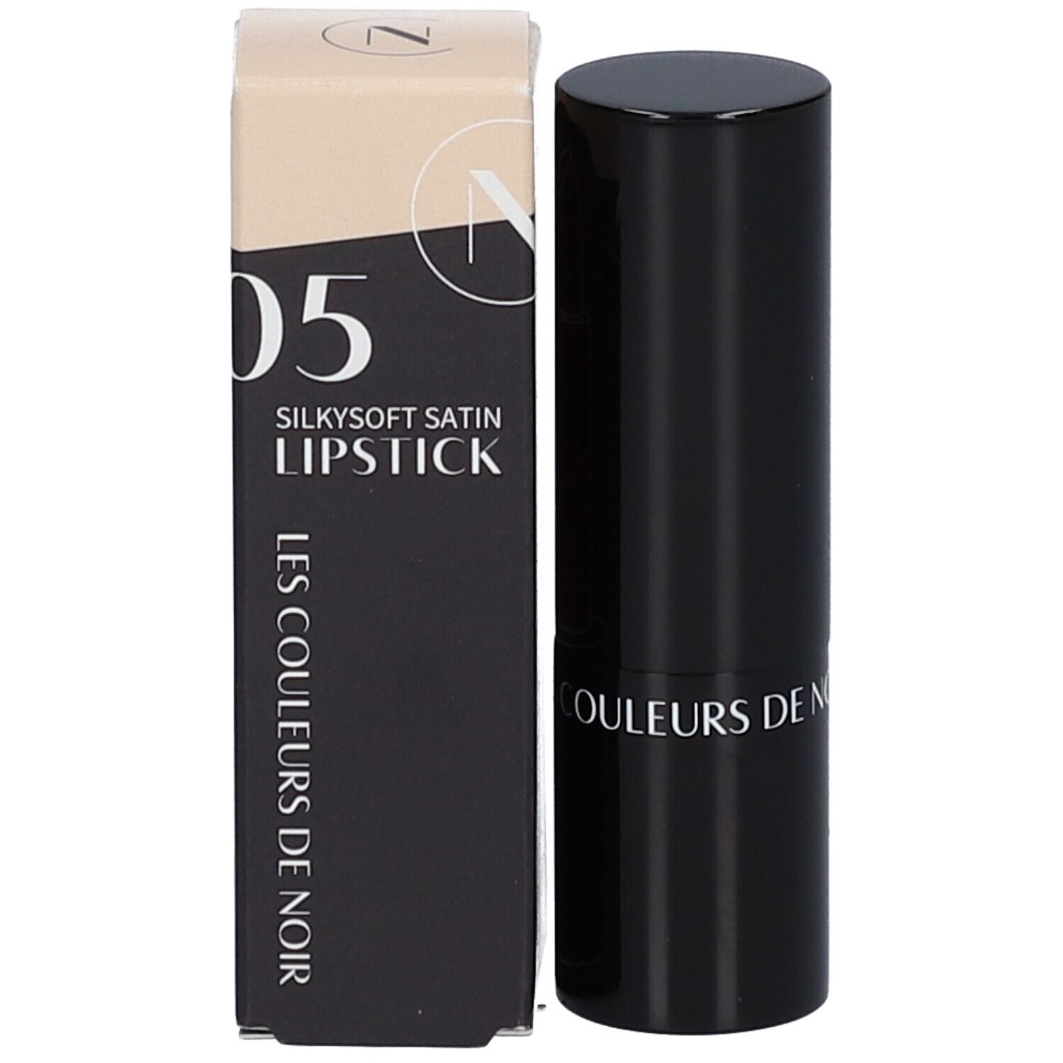 Rouge à lèvres et emballage. Inscription : 05 Silkysoft Satin Lipstick, LES COULEURS DE NOIR.