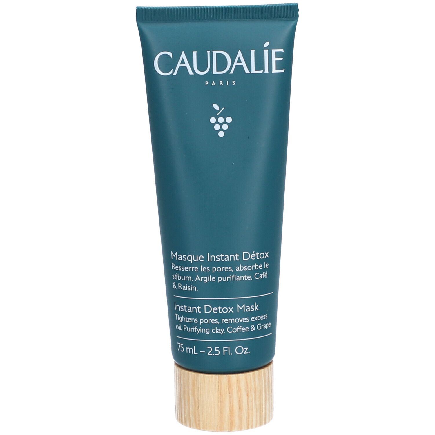Tubenverpackung des Caudalie Vinergetic C+ Masque Instant Détox. Blaugrün, mit weißem Schriftzug und Traubensymbol.