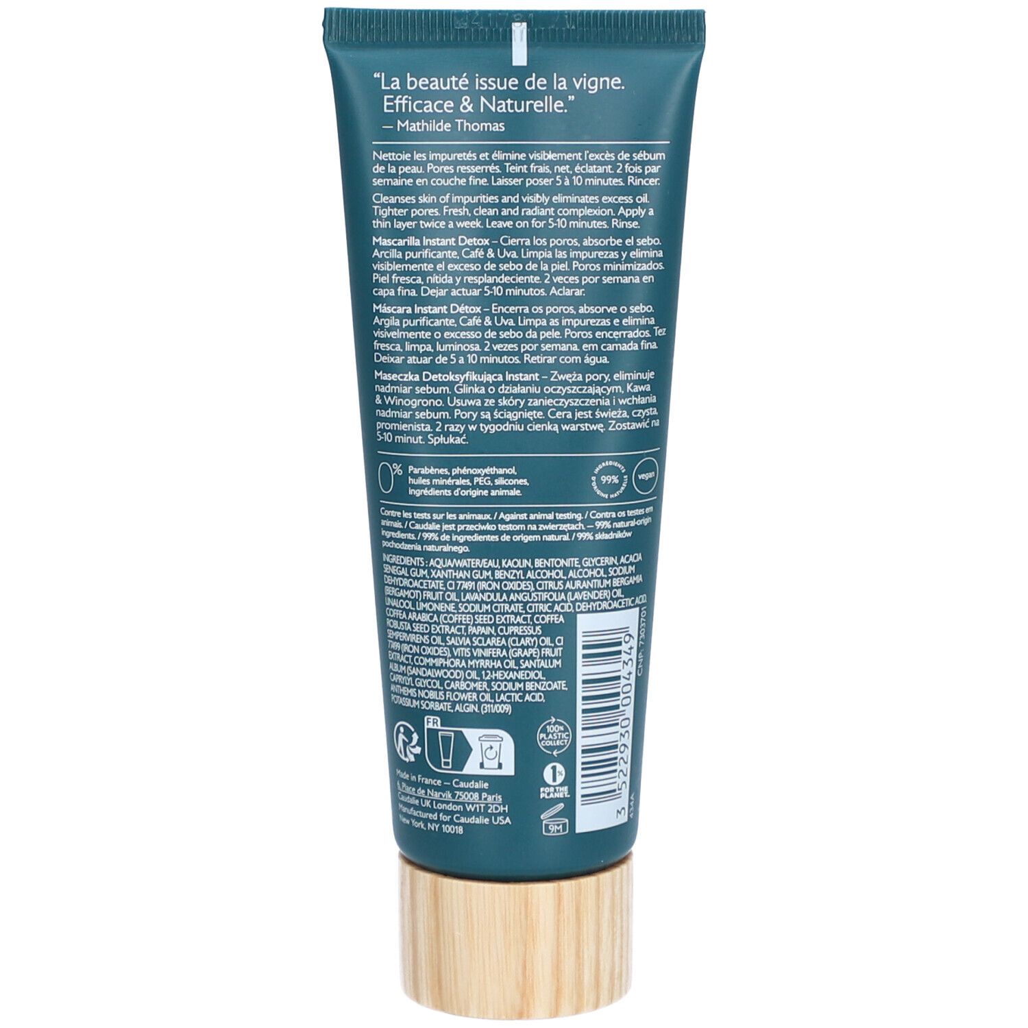 Rückseite der Tube Caudalie Vinergetic C+ Masque Instant Détox. Text, Inhaltsstoffe, Logos und ein Holzfarbener Verschluss.