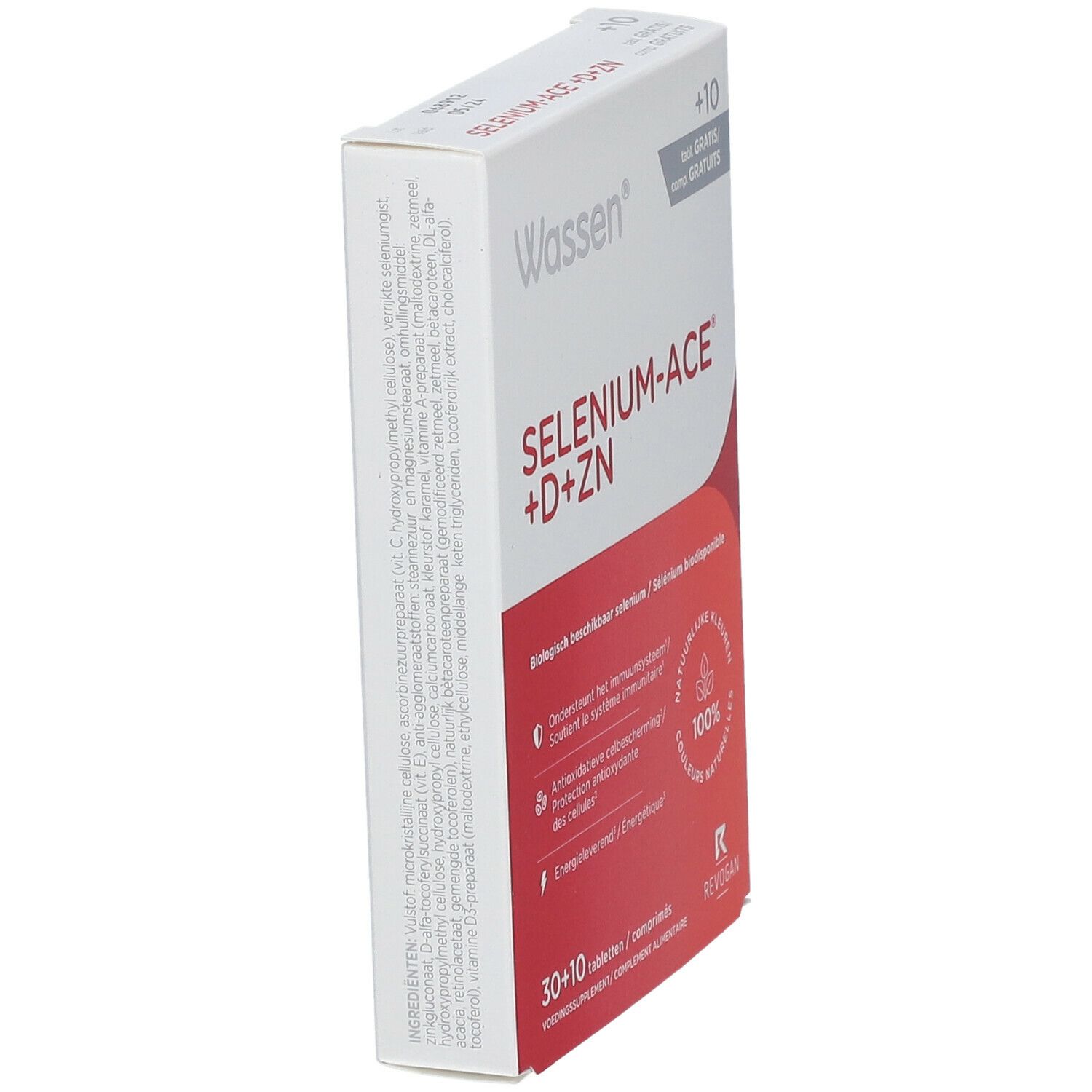 Schachtel Wassen® SELENIUM-ACE® +D+ZN. Weiße Verpackung mit rotem Element. Enthält 30+10 Tabletten. Sichtbare Texte.