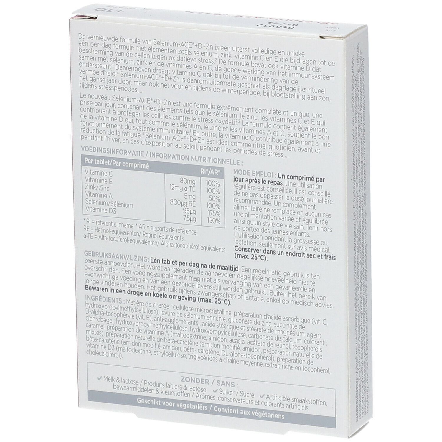 Rückseite der Schachtel Wassen® SELENIUM-ACE® +D+ZN. Textinformationen zu Inhaltsstoffen und Anwendung. Weiße Verpackung.