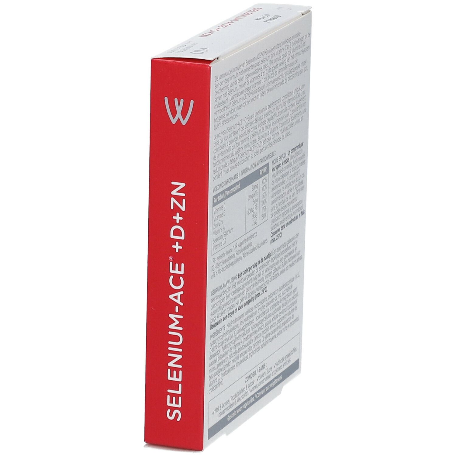 Seite der Schachtel Wassen® SELENIUM-ACE® +D+ZN. Roter Hintergrund mit weißen Texten. Enthält Produktinformationen.