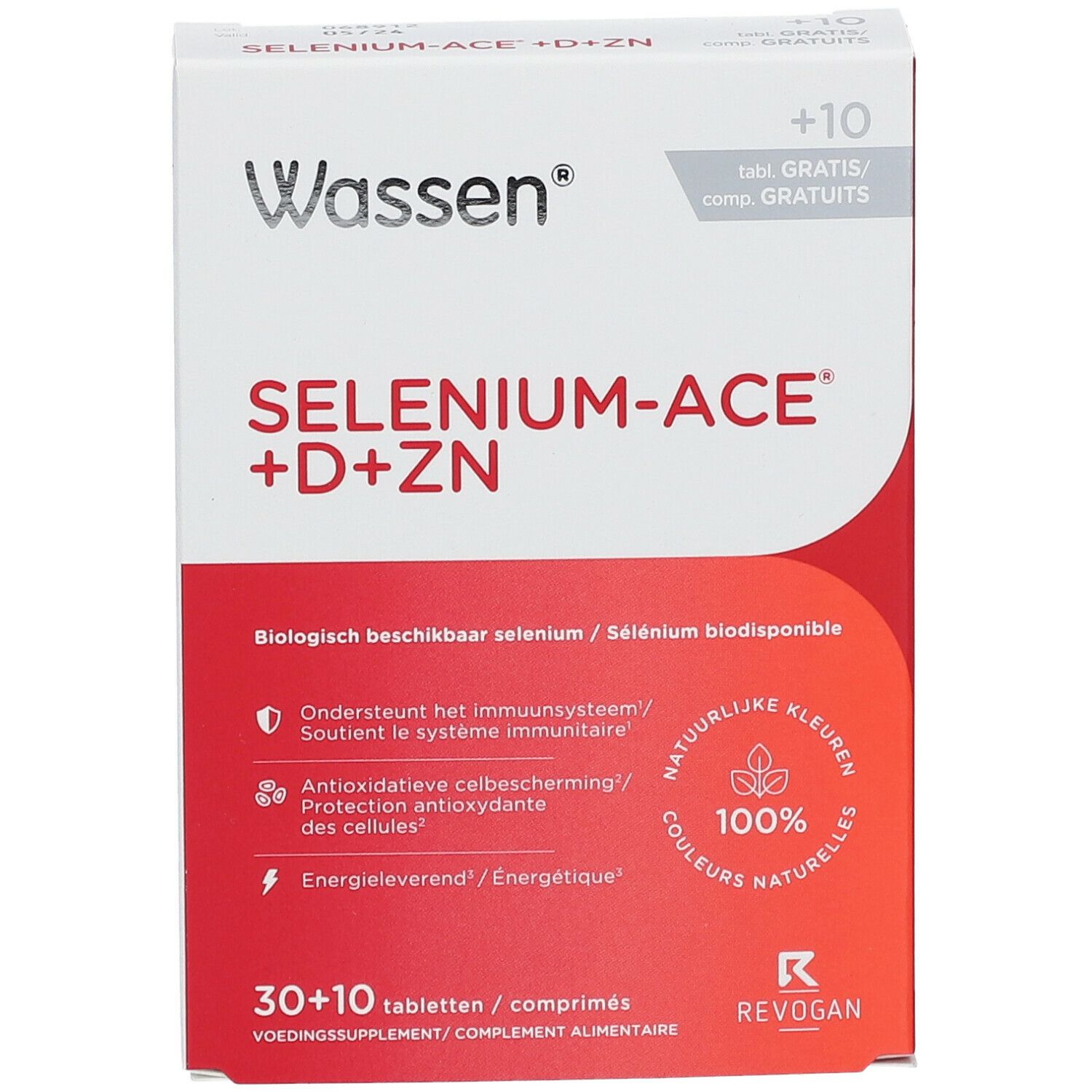 Schachtel mit Wassen® SELENIUM-ACE® +D+ZN. Rote und weiße Verpackung. Enthält 30+10 Tabletten. Aufschrift: '100% natürliche Farben'.