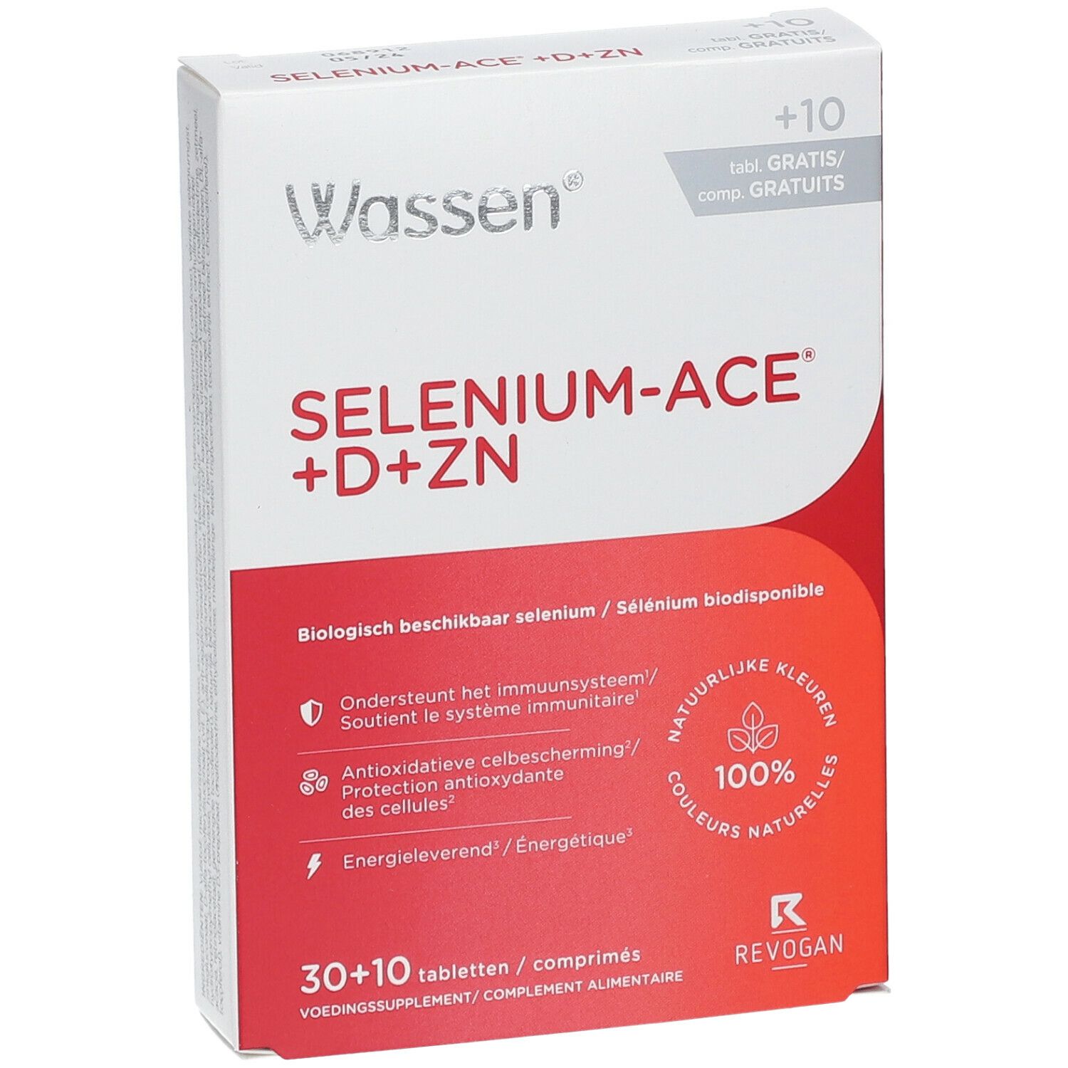Schachtel mit Wassen® SELENIUM-ACE® +D+ZN. Rote und weiße Verpackung. Enthält 30+10 Tabletten. Aufschrift: '100% natürliche Farben'.