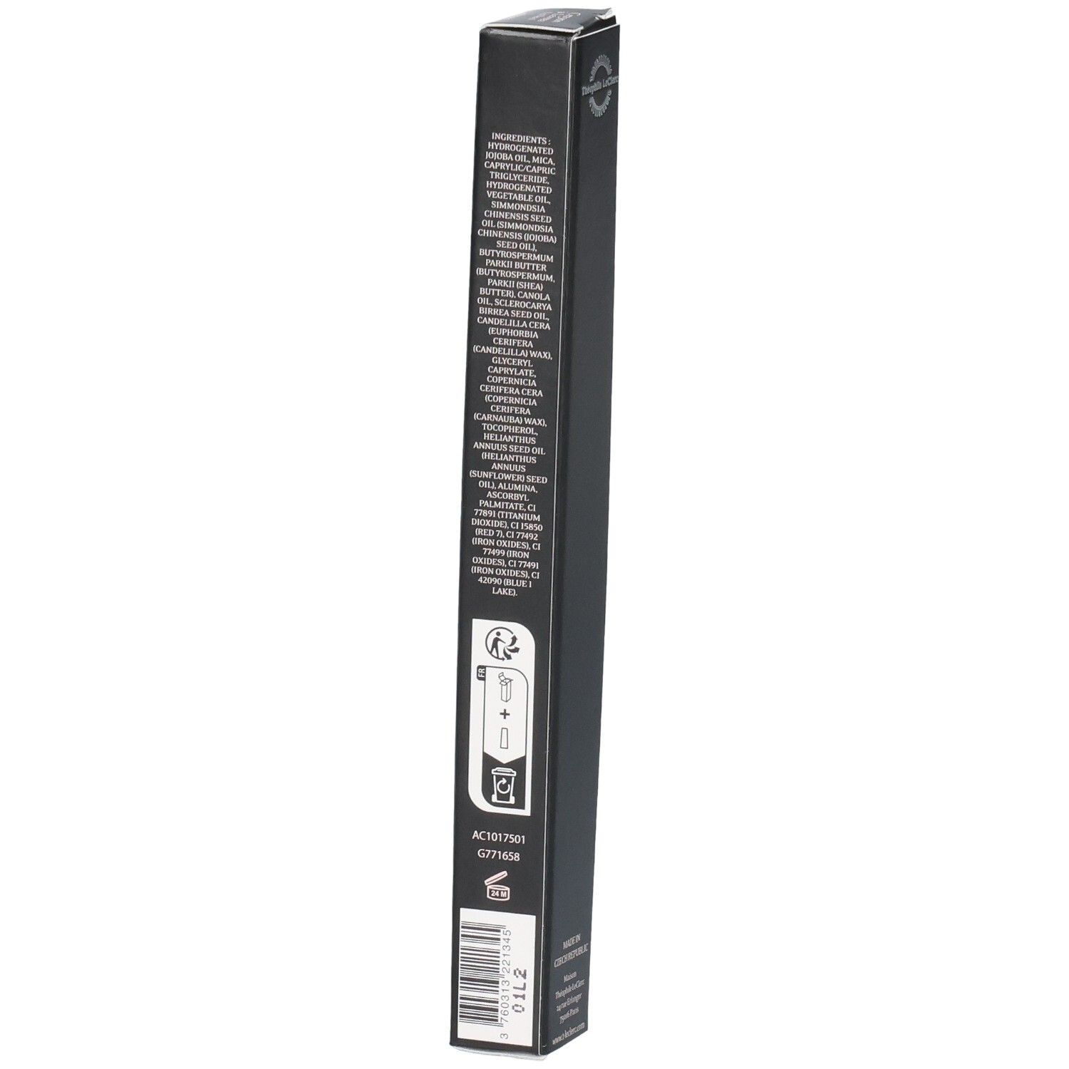 T.LeClerc Lip Pencil Verpackung, schwarz mit detaillierter Inhaltsstoffliste.