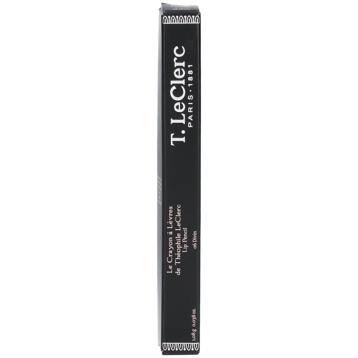 T.LeClerc Lip Pencil Verpackung, schwarz mit weißem Schriftzug und Muster.