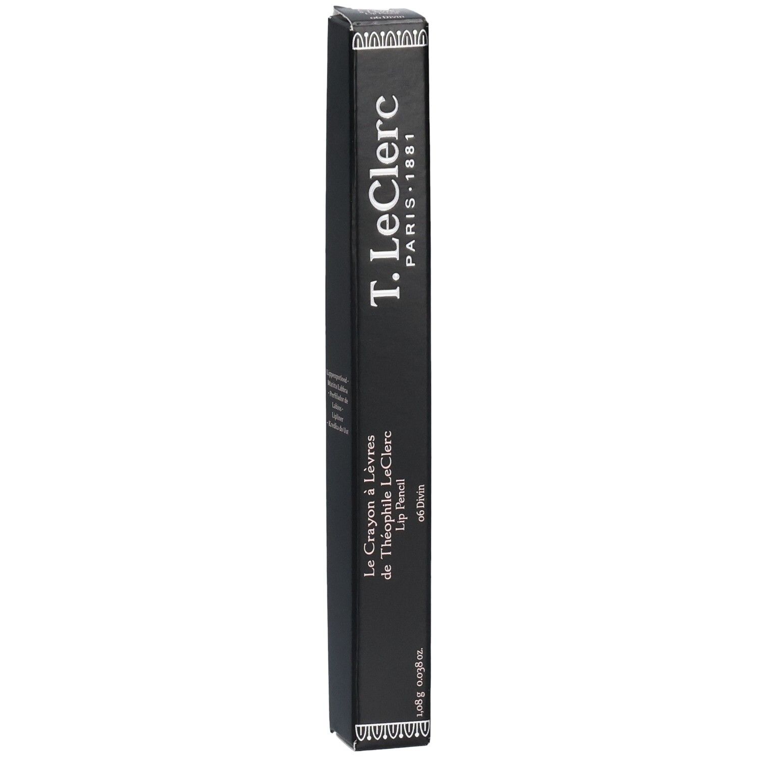 T.LeClerc Lip Pencil Verpackung, schwarz mit weißem Schriftzug und Muster.