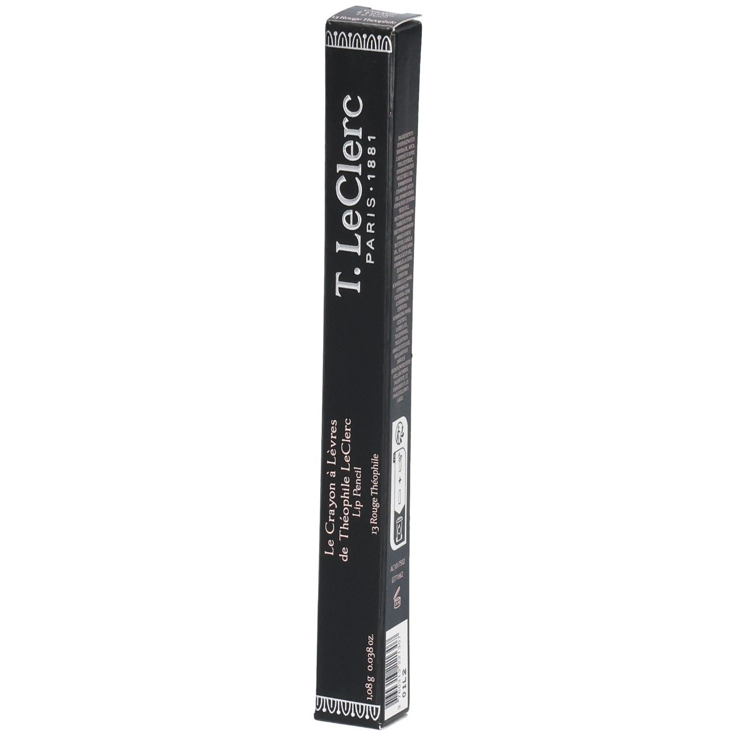 Schwarze Verpackung für T.LeClerc Lip Pencil. Text: T.LeClerc Paris 1881, Le Crayon à Lèvres de Théophile LeClerc, Lip Pencil, Rouge Théophile.
