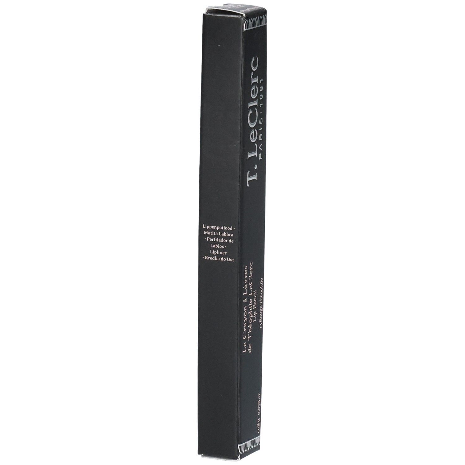 Schwarze Verpackung für T.LeClerc Lip Pencil. Text: T.LeClerc Paris 1881, Le Crayon à Lèvres de Théophile LeClerc, Lip Pencil, Rouge Théophile.