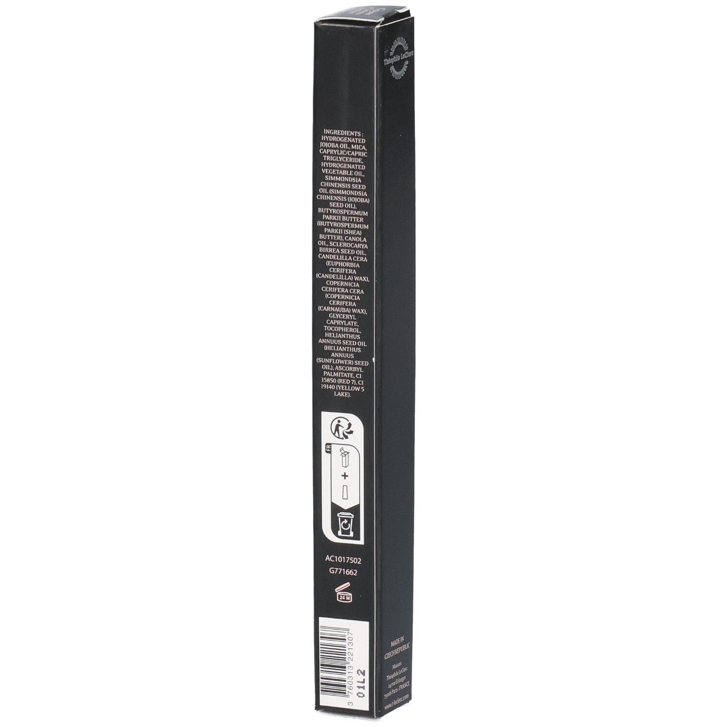 Schwarze Verpackung für T.LeClerc Lip Pencil. Text: T.LeClerc Paris 1881, Le Crayon à Lèvres de Théophile LeClerc, Lip Pencil, Rouge Théophile.