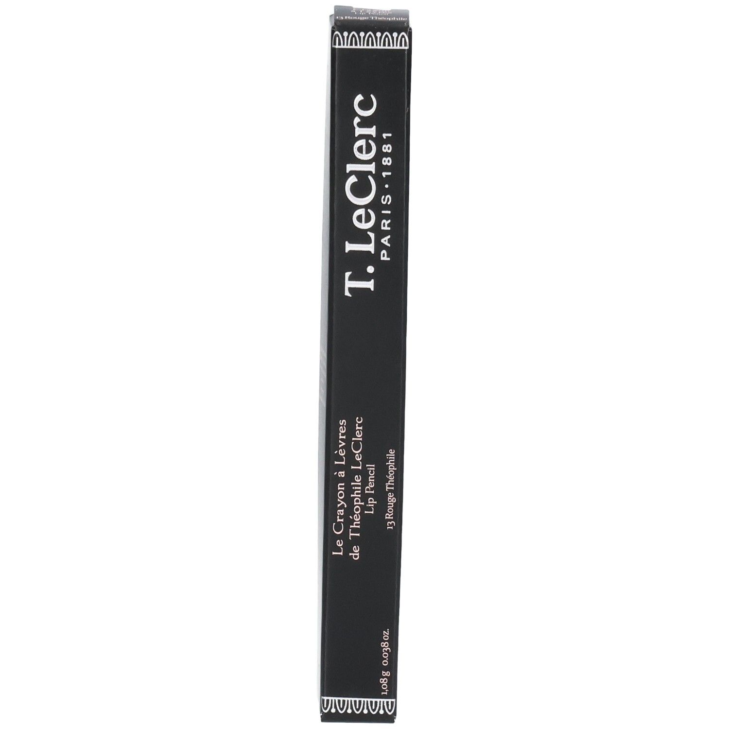 Schwarze Verpackung für T.LeClerc Lip Pencil. Text: T.LeClerc Paris 1881, Le Crayon à Lèvres de Théophile LeClerc, Lip Pencil, Rouge Théophile.