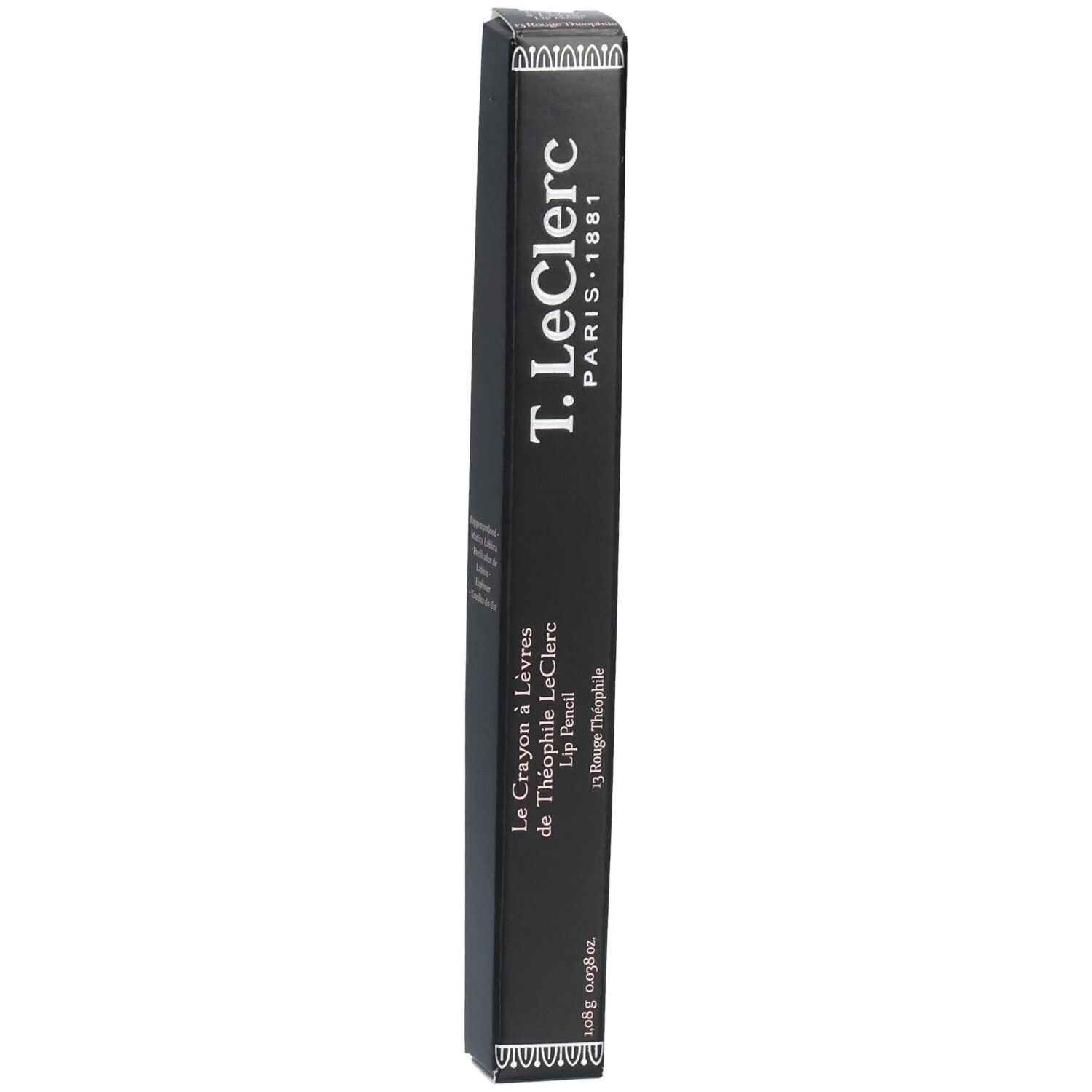 Schwarze Verpackung für T.LeClerc Lip Pencil. Text: T.LeClerc Paris 1881, Le Crayon à Lèvres de Théophile LeClerc, Lip Pencil, Rouge Théophile.