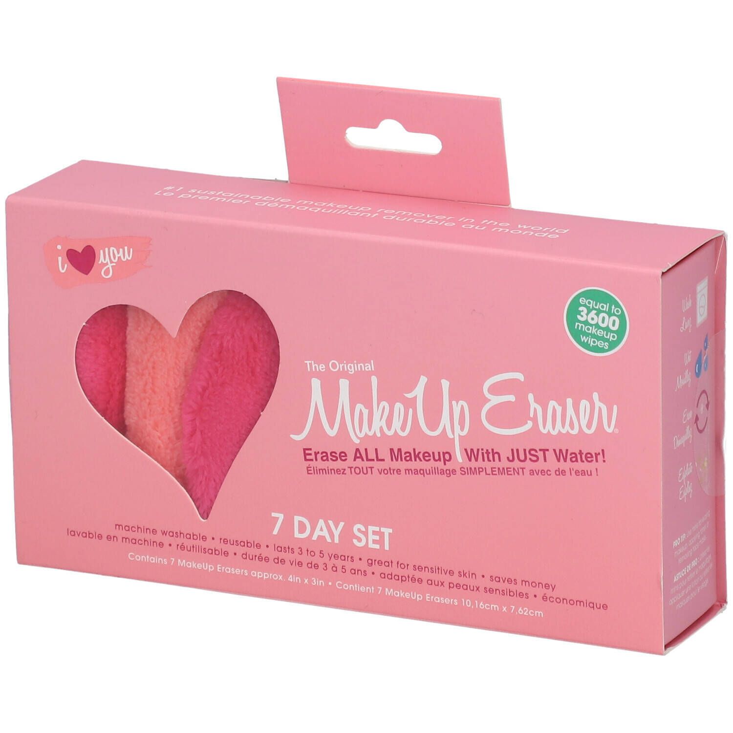 Boîte rose avec découpe en forme de cœur. Contient 3 lingettes démaquillantes. Texte : Make Up Eraser, 7 Day Set.