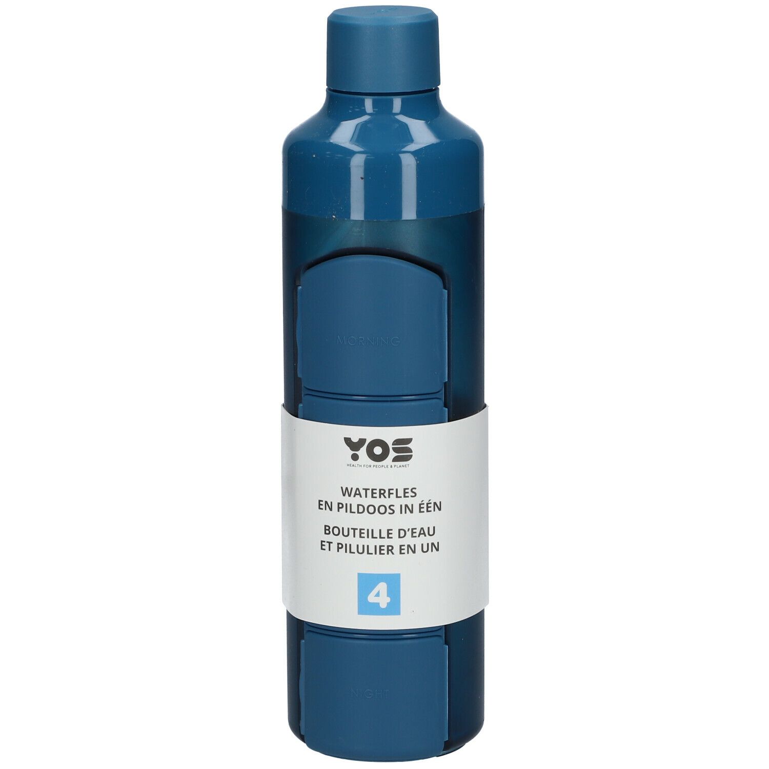 Blaue Trinkflasche mit integrierter Pillendose. Weißes Etikett mit Produktnamen und Nummer 4.