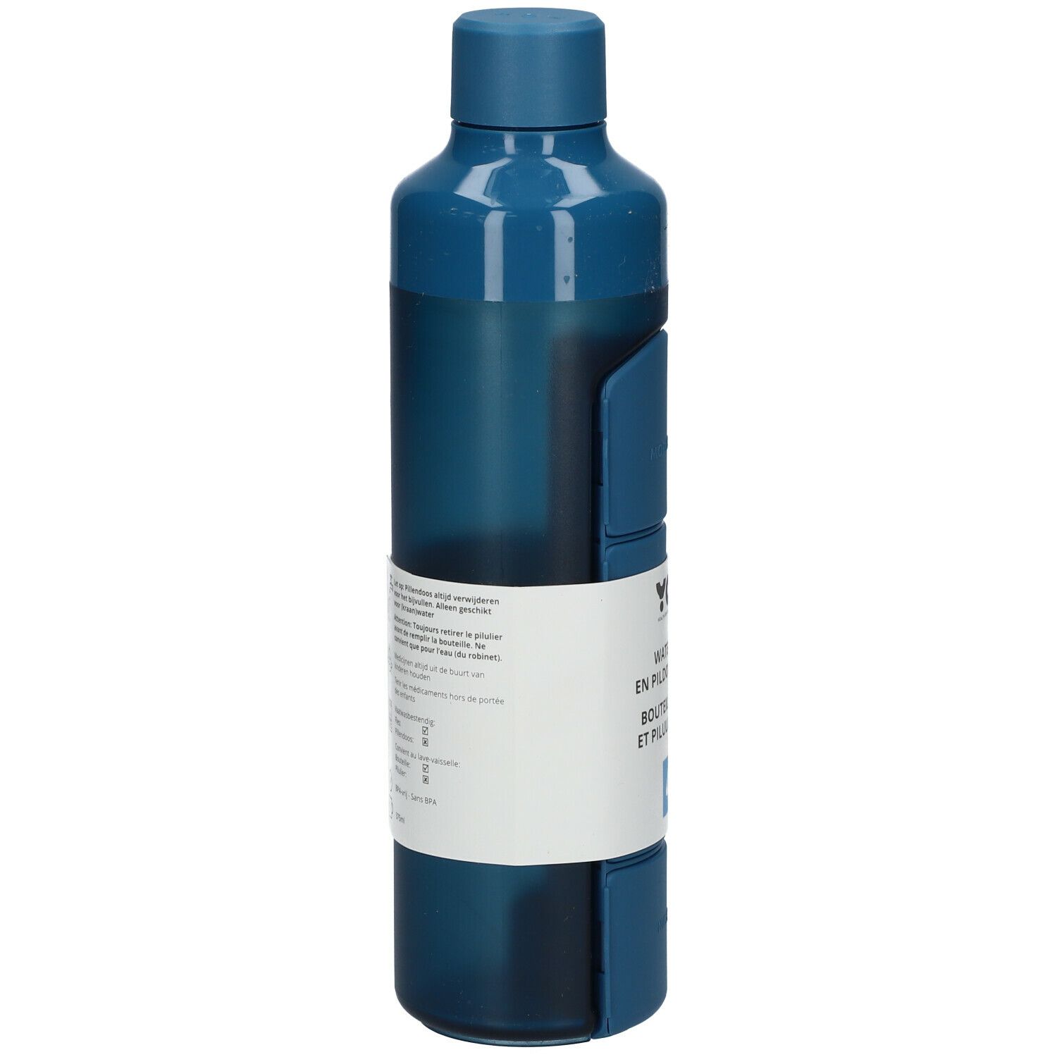 Blaue Trinkflasche mit integrierter Pillendose. Weißes Etikett mit Text. Rückseite mit Text und Symbolen.
