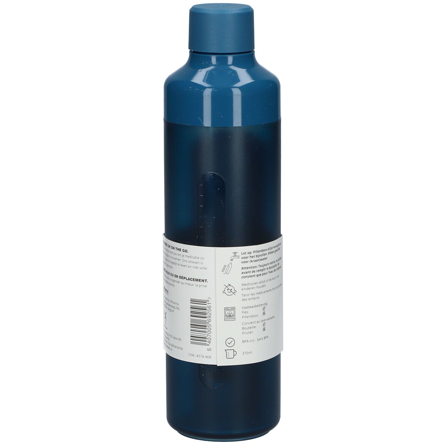 Blaue Trinkflasche mit integrierter Pillendose. Rückseite mit Text und Symbolen. Flasche mit Schraubverschluss.