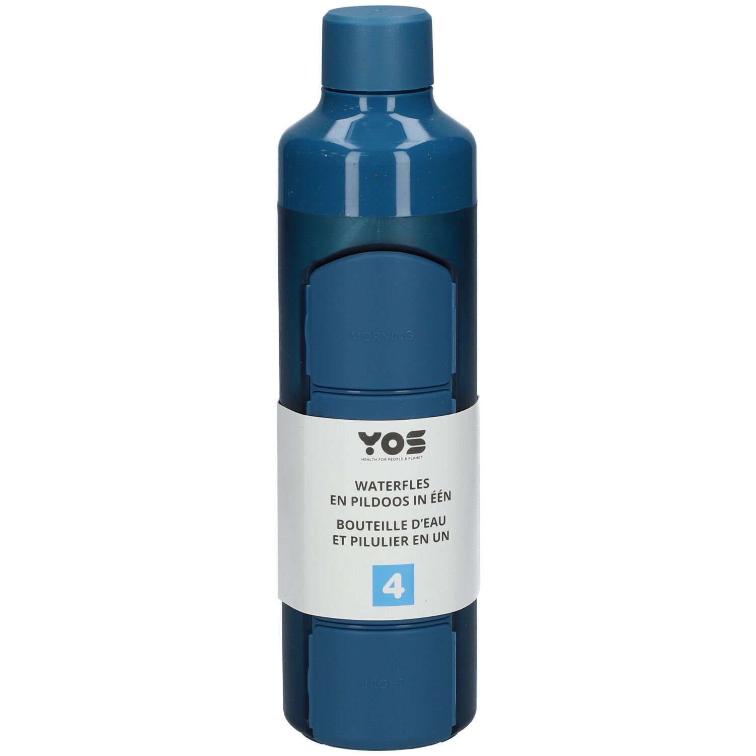 Blaue Trinkflasche mit integrierter Pillendose. Weißes Etikett mit Produktnamen und Nummer 4.