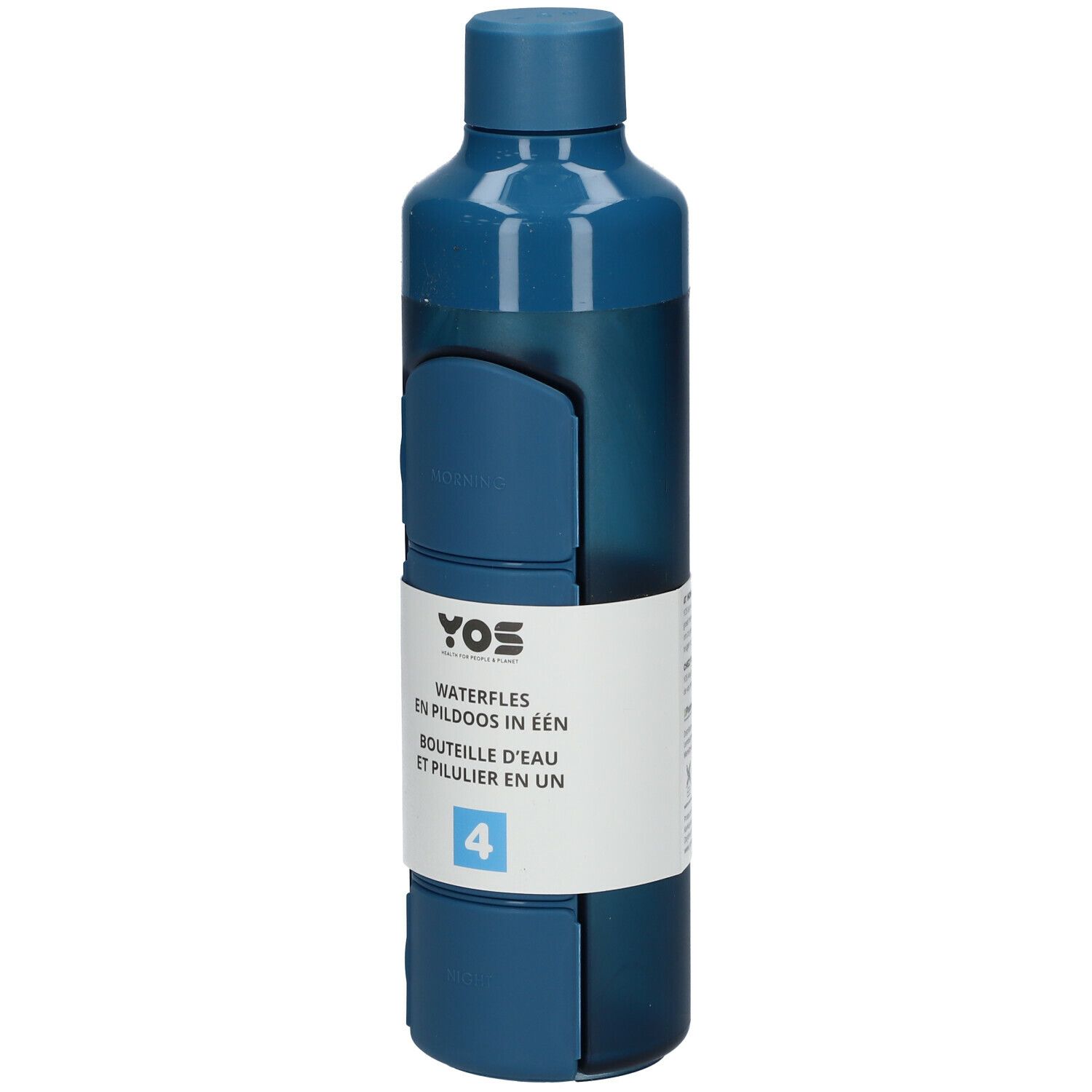 Blaue Trinkflasche mit integrierter Pillendose. Weißes Etikett mit Produktnamen und Nummer 4.