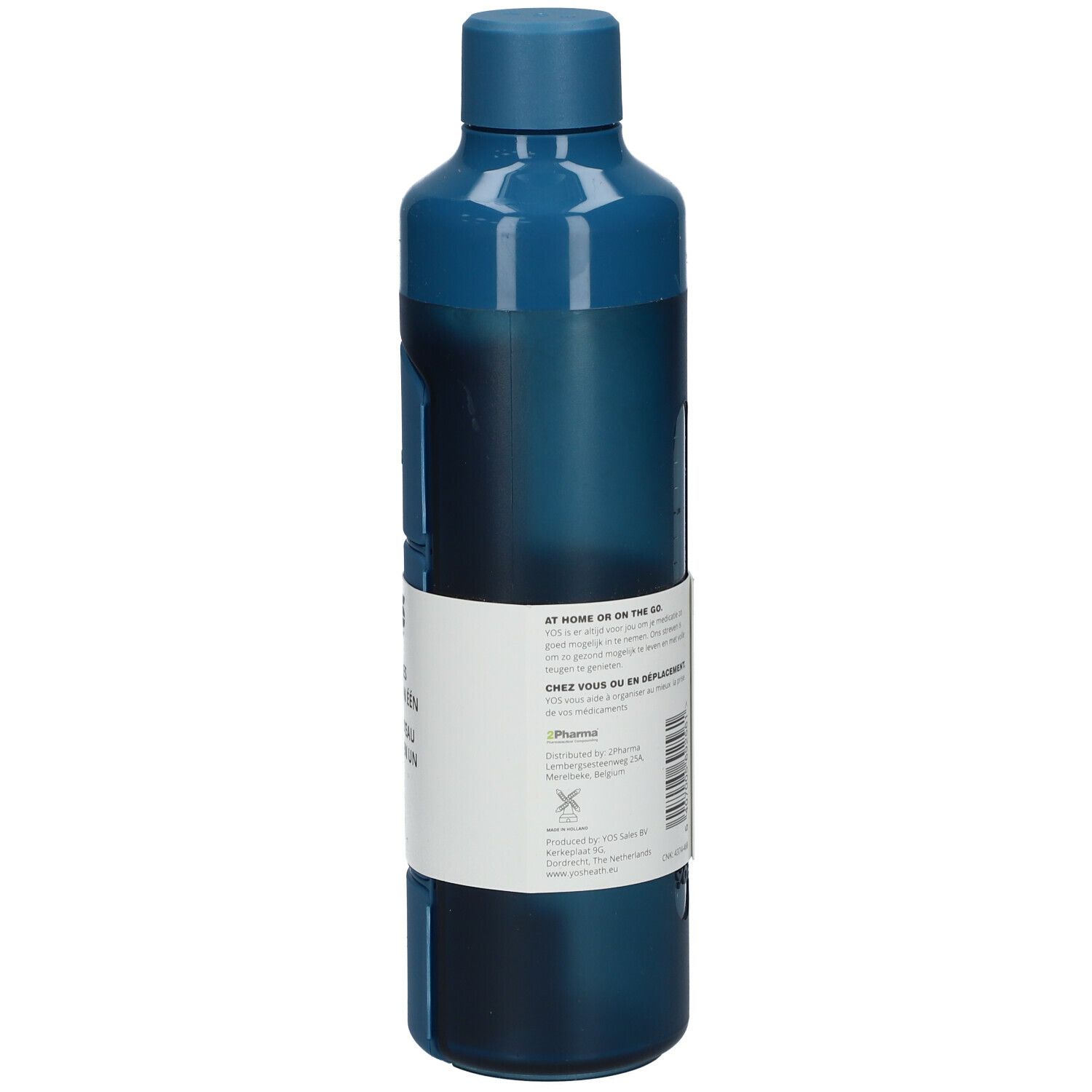 Blaue Trinkflasche mit integrierter Pillendose. Rückseite mit Text und Symbolen. Flasche mit Schraubverschluss.
