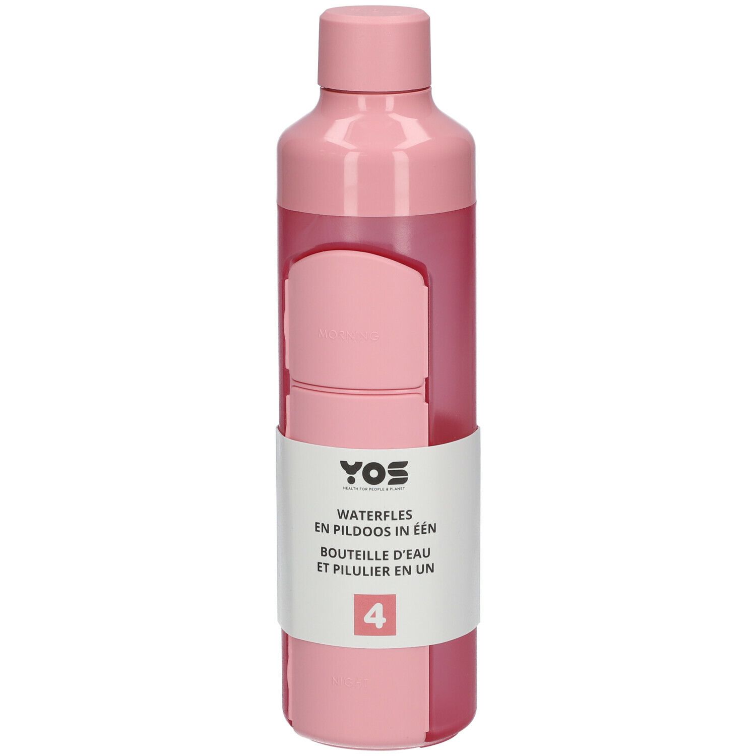 Roze waterfles met geïntegreerde pillendoos. YOS-logo en tekst op het etiket. Fles met schroefdop.
