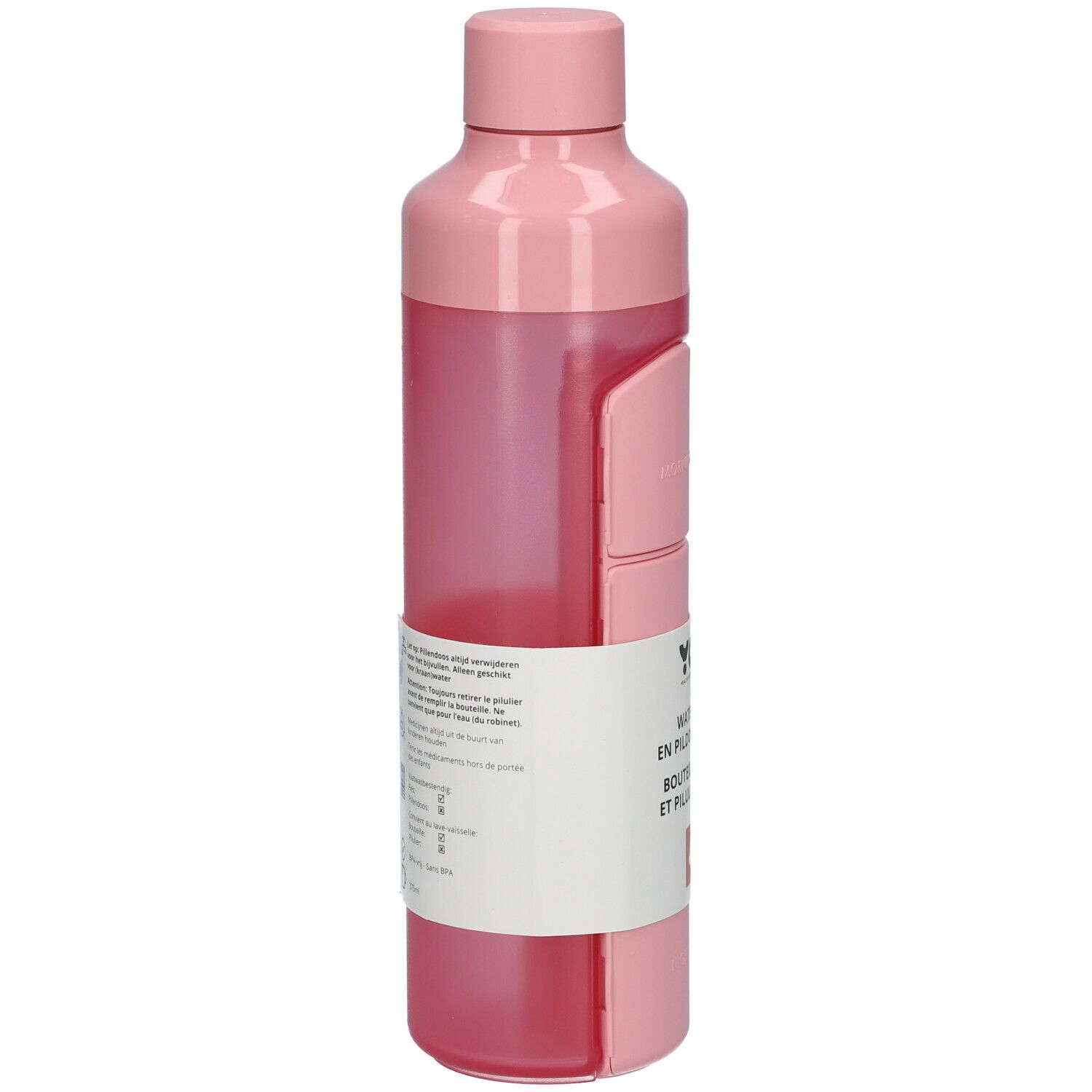 Roze waterfles met etiket. Tekst en pictogrammen op het etiket. Fles met schroefdop.