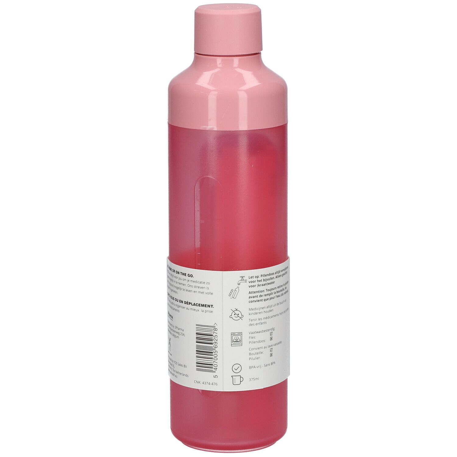 Roze waterfles met etiket. Tekst en pictogrammen op het etiket. Fles met schroefdop.
