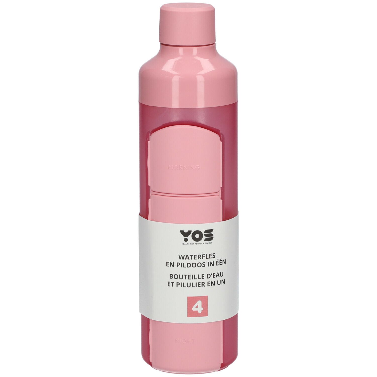 Roze waterfles met geïntegreerde pillendoos. YOS-logo en tekst op het etiket. Fles met schroefdop.