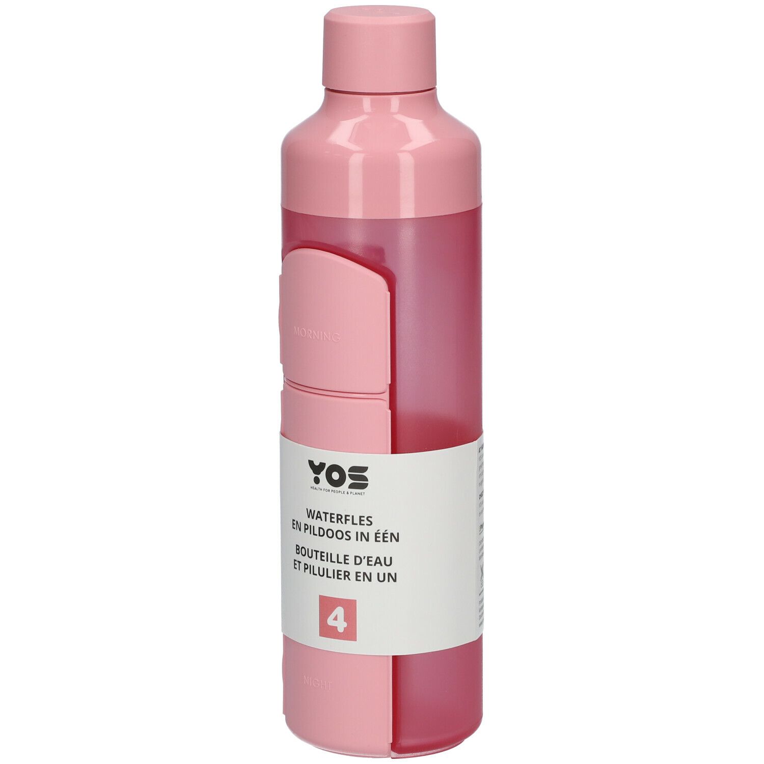 Roze waterfles met geïntegreerde pillendoos. YOS-logo en tekst op het etiket. Fles met schroefdop.
