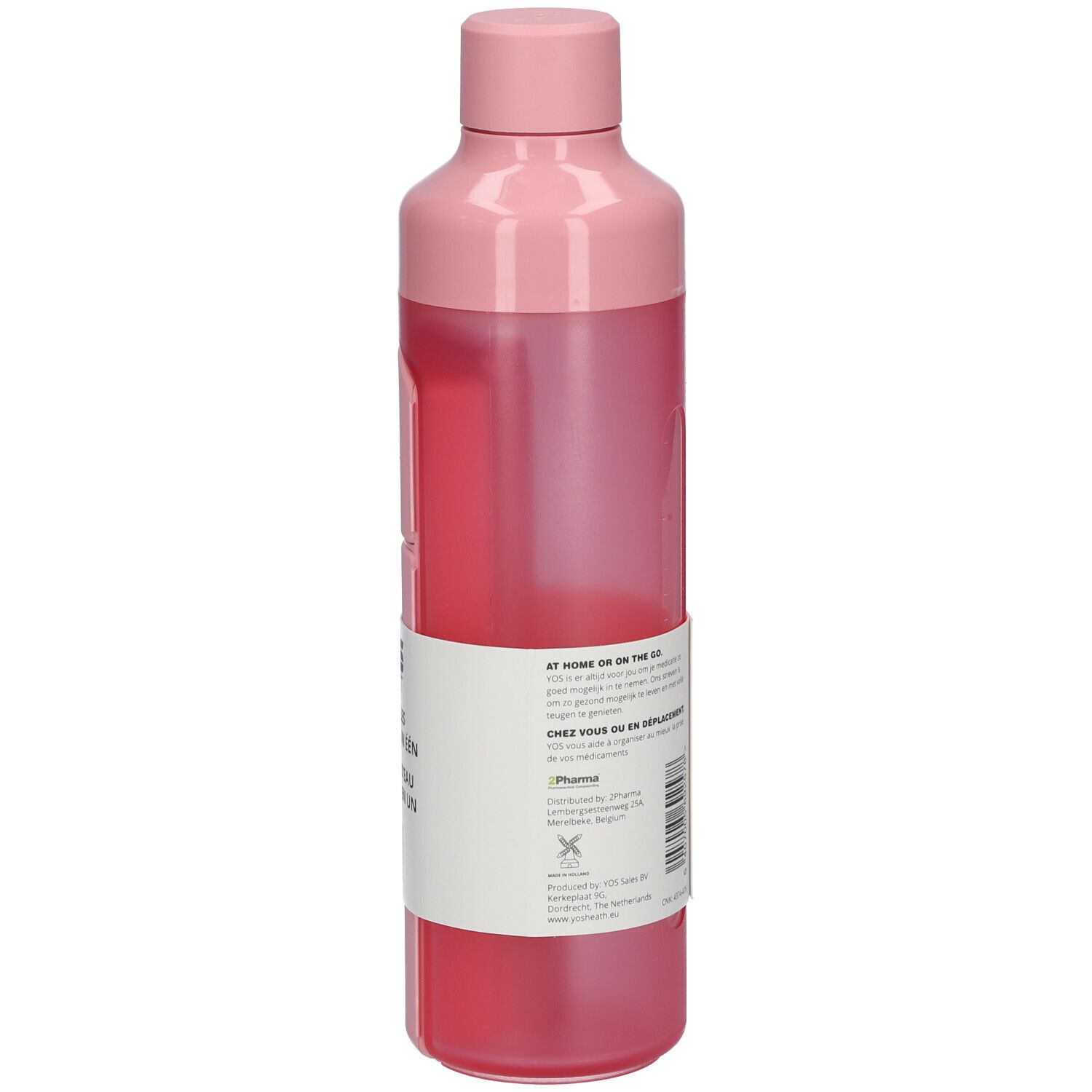 Roze waterfles met etiket. Tekst en pictogrammen op het etiket. Fles met schroefdop.