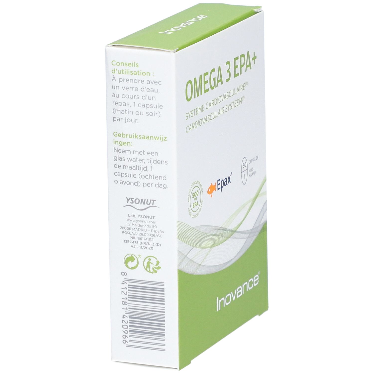 Boîte de gélules Omega 3 EPA+. Vue latérale avec logo Inovance et instructions d'utilisation.