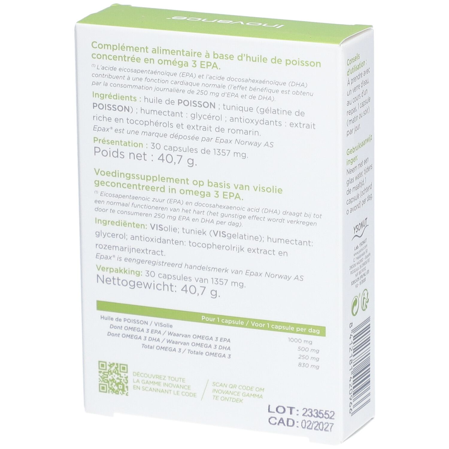 Dos de la boîte de gélules Omega 3 EPA+. Informations sur les ingrédients et la valeur nutritionnelle.