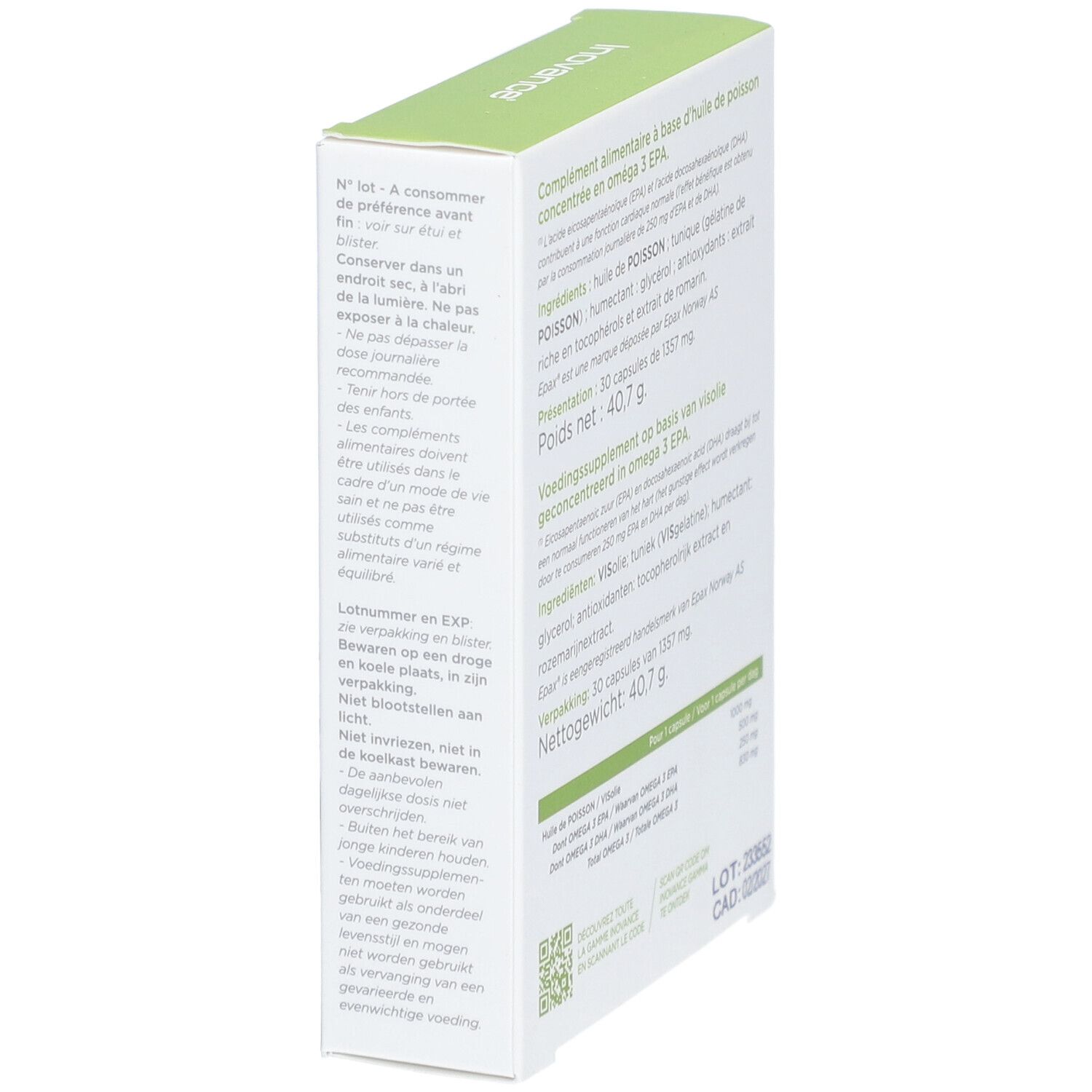 Boîte de gélules Omega 3 EPA+. Vue latérale avec informations et date de péremption.