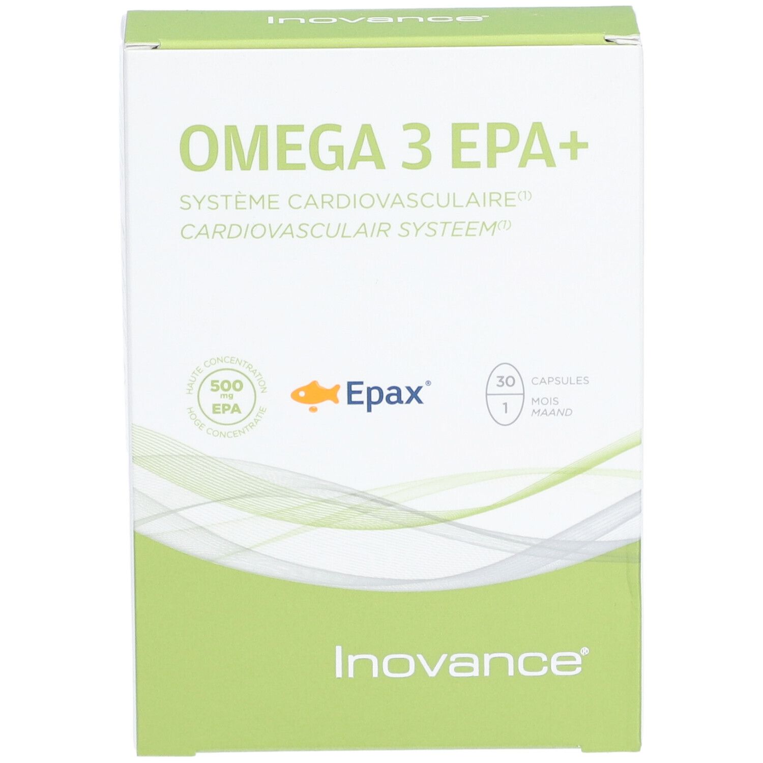 Boîte de gélules Omega 3 EPA+. Vue de face avec nom du produit, logo et logo Inovance.