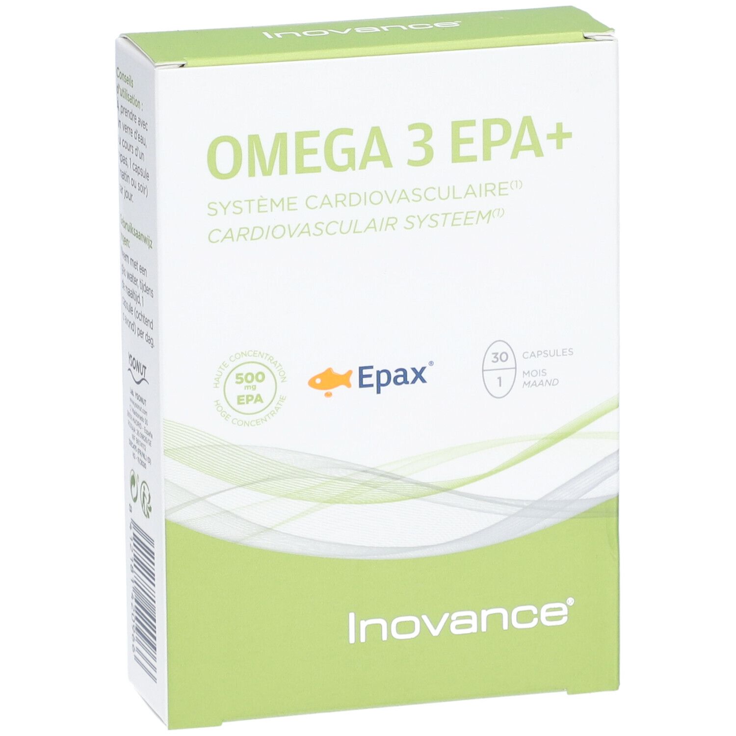 Boîte de gélules Omega 3 EPA+. Vue de face avec nom du produit, logo et logo Inovance.