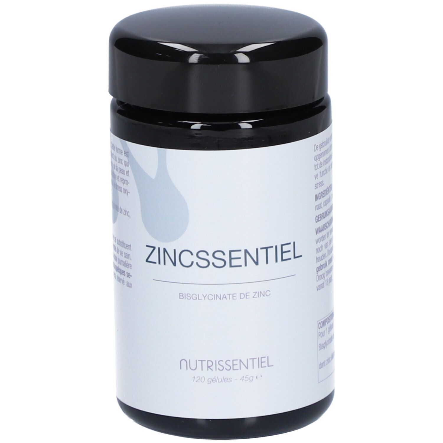 Cilindrische pot met zwarte deksel. Opschrift: ZINCSSENTIEL, Bisglycinate de Zinc, Nutrissentiel. 120 capsules, 45g.