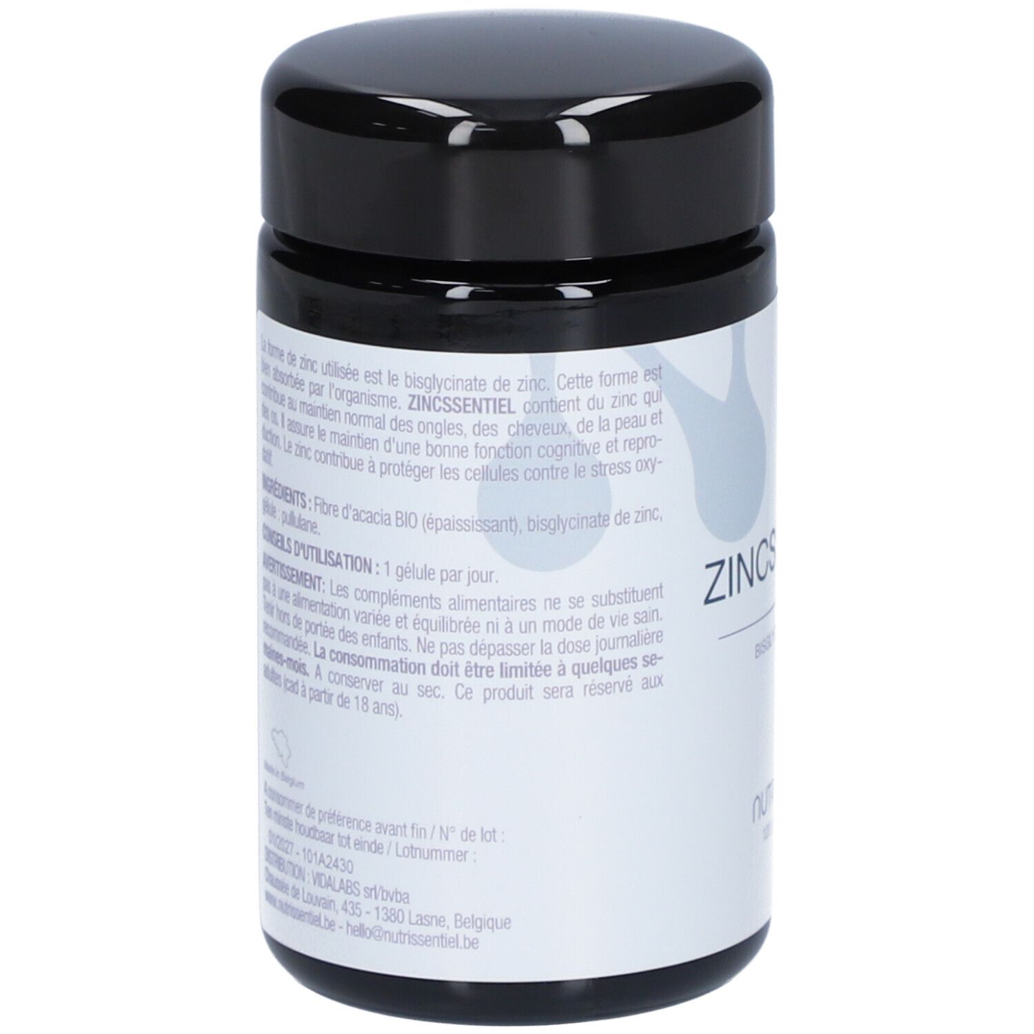 Cilindrische pot met zwarte deksel. Opschrift: ZINCSSENTIEL, Bisglycinate de Zinc, Nutrissentiel. Tekst op de achterkant.
